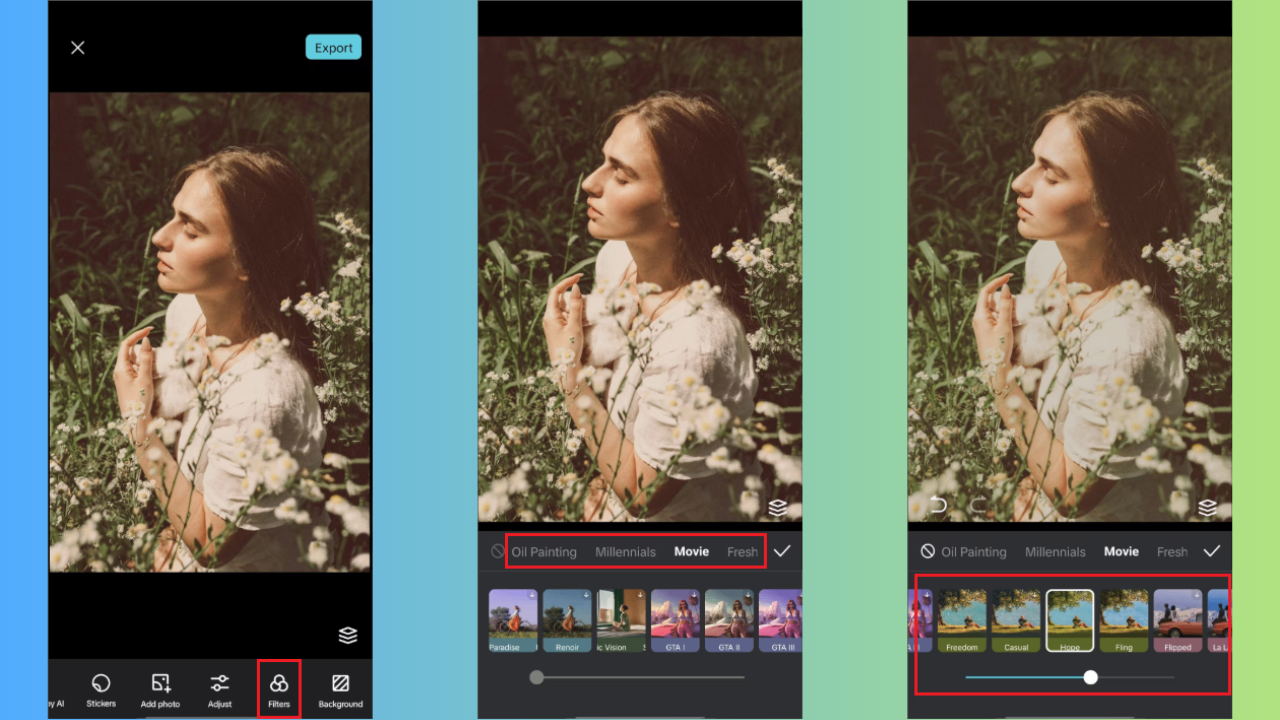 Apply and adjust filter intensity