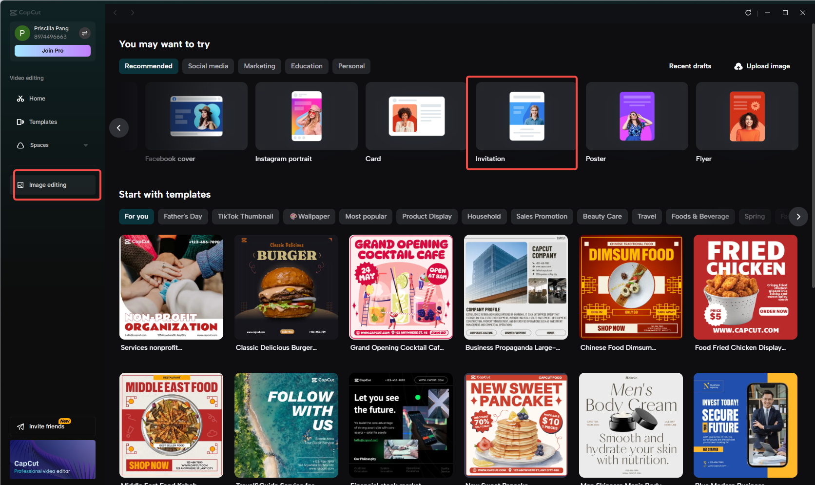 Accessing the "Invitation" feature in CapCut