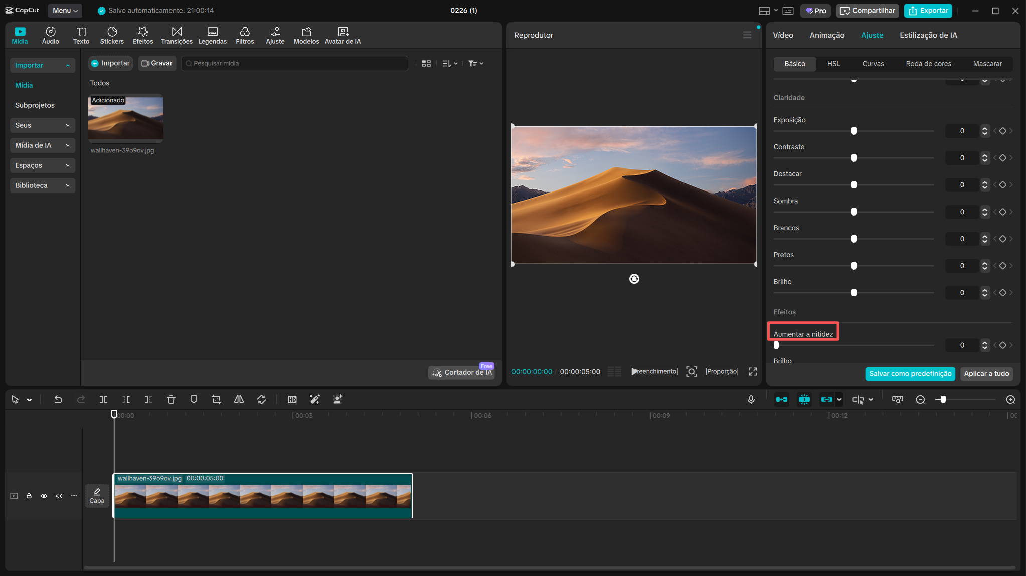 Ajustando nitidez e redução de ruído no CapCut