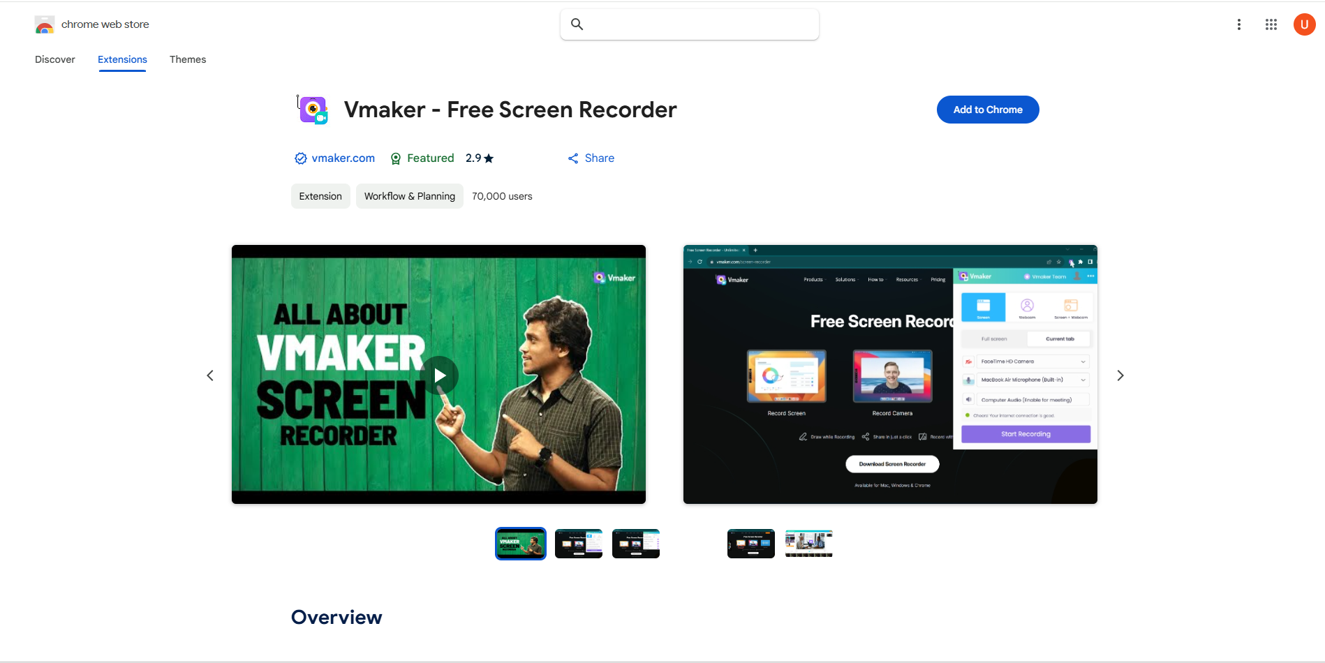 Interface of Vmaker extension - a useful and free screen recorder Chrome extension