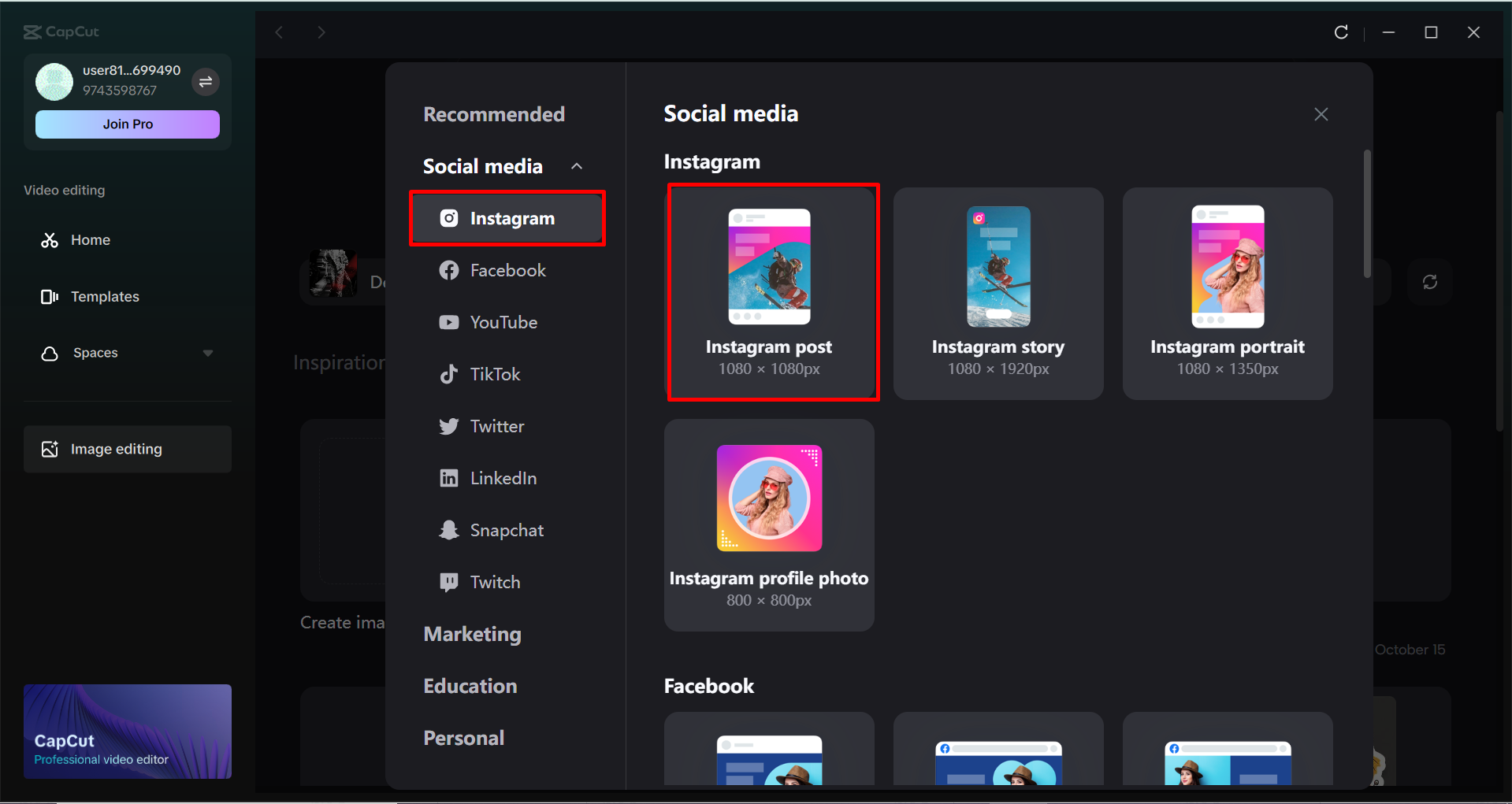 Selecting an Instagram post in the CapCut desktop video editor