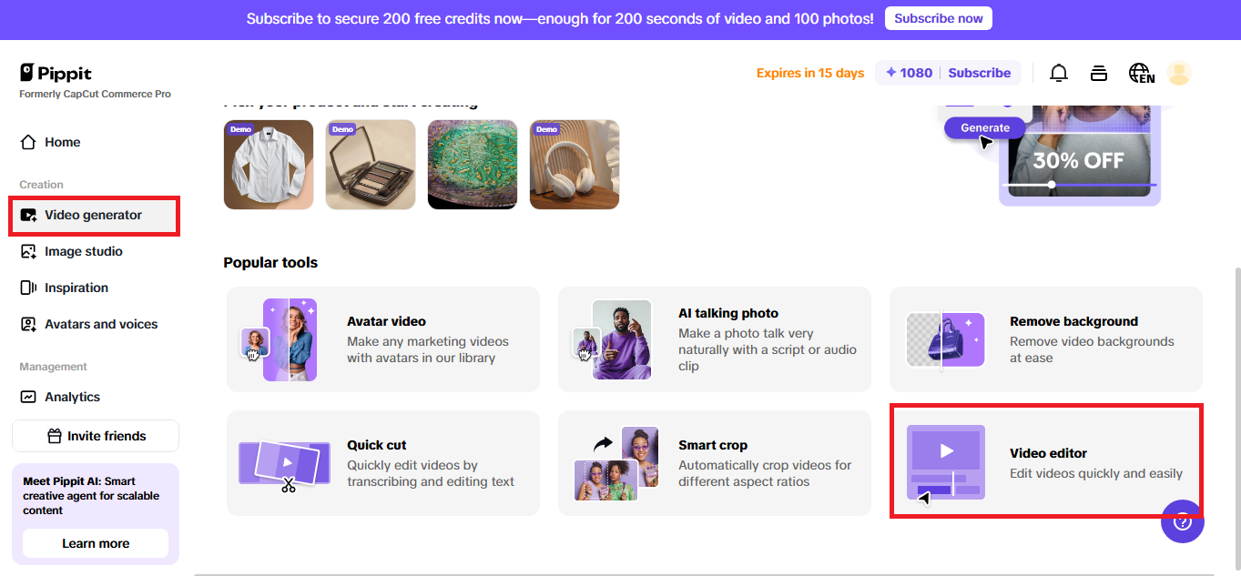 Video editor button to access the editing interface