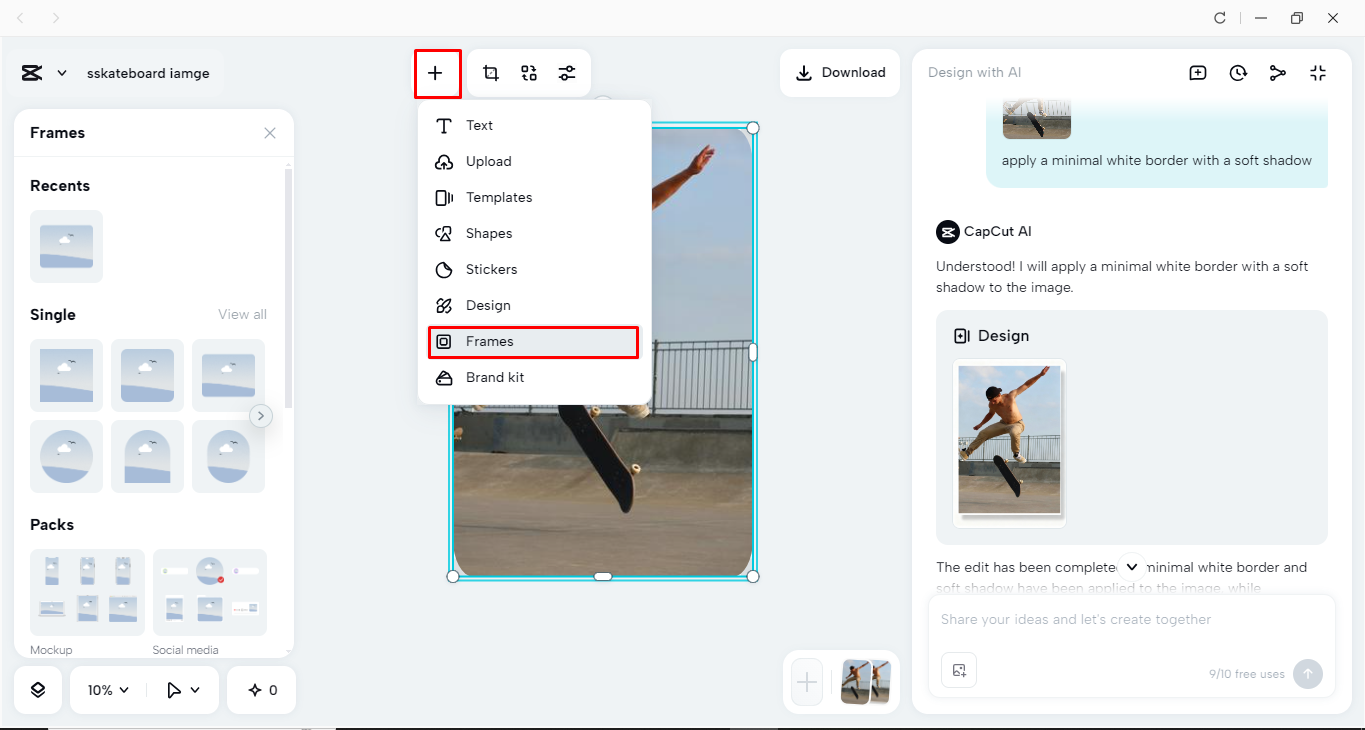 Adding frames to images in the CapCut desktop video editor