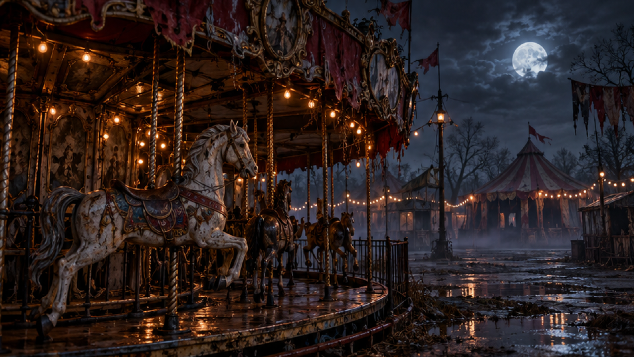 Antique carousel horses in an abandoned carnival, faded red canopy, cold moonlight and warm dim bulbs, empty grounds