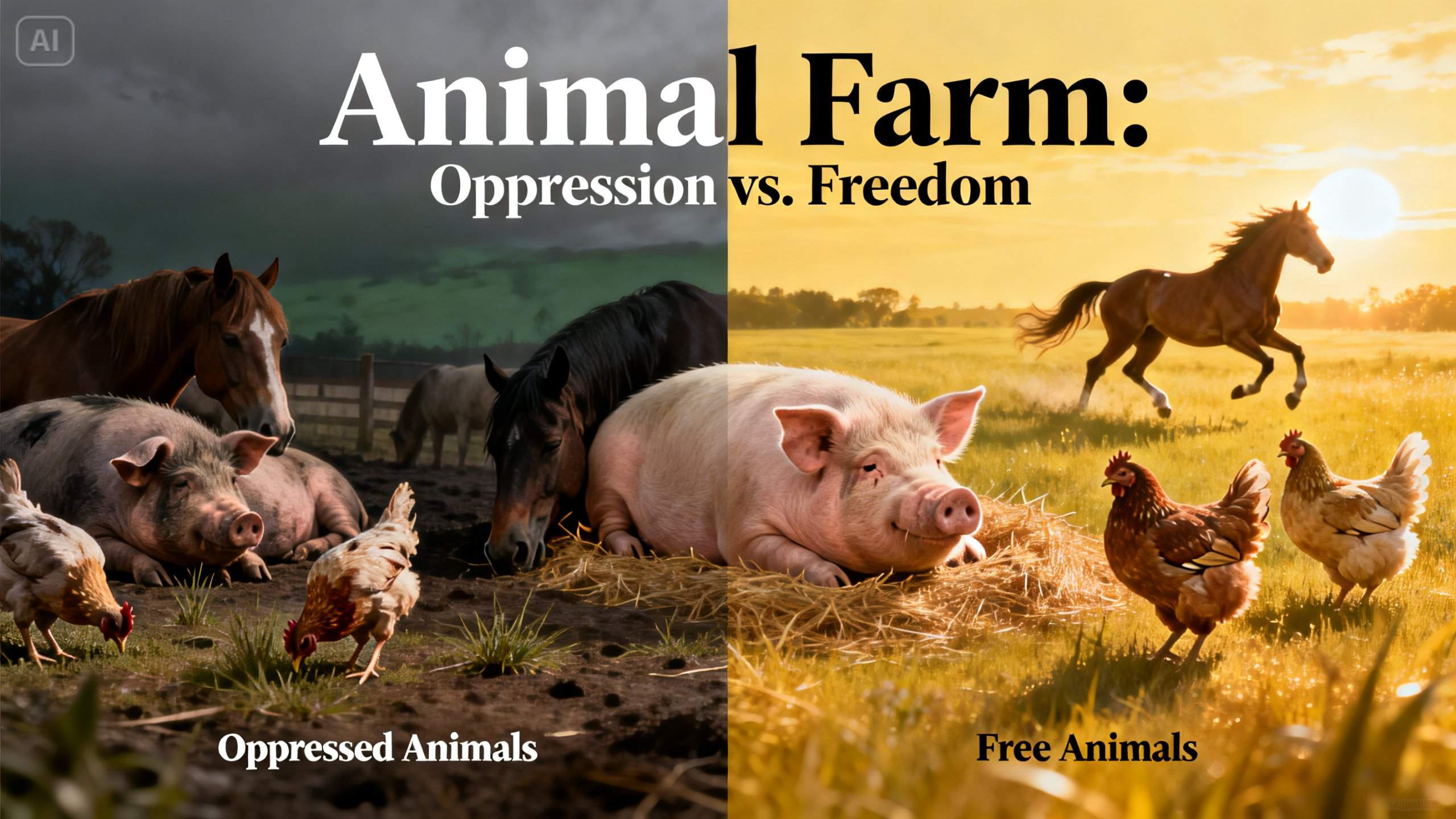 Contrasting poster of an animal farm