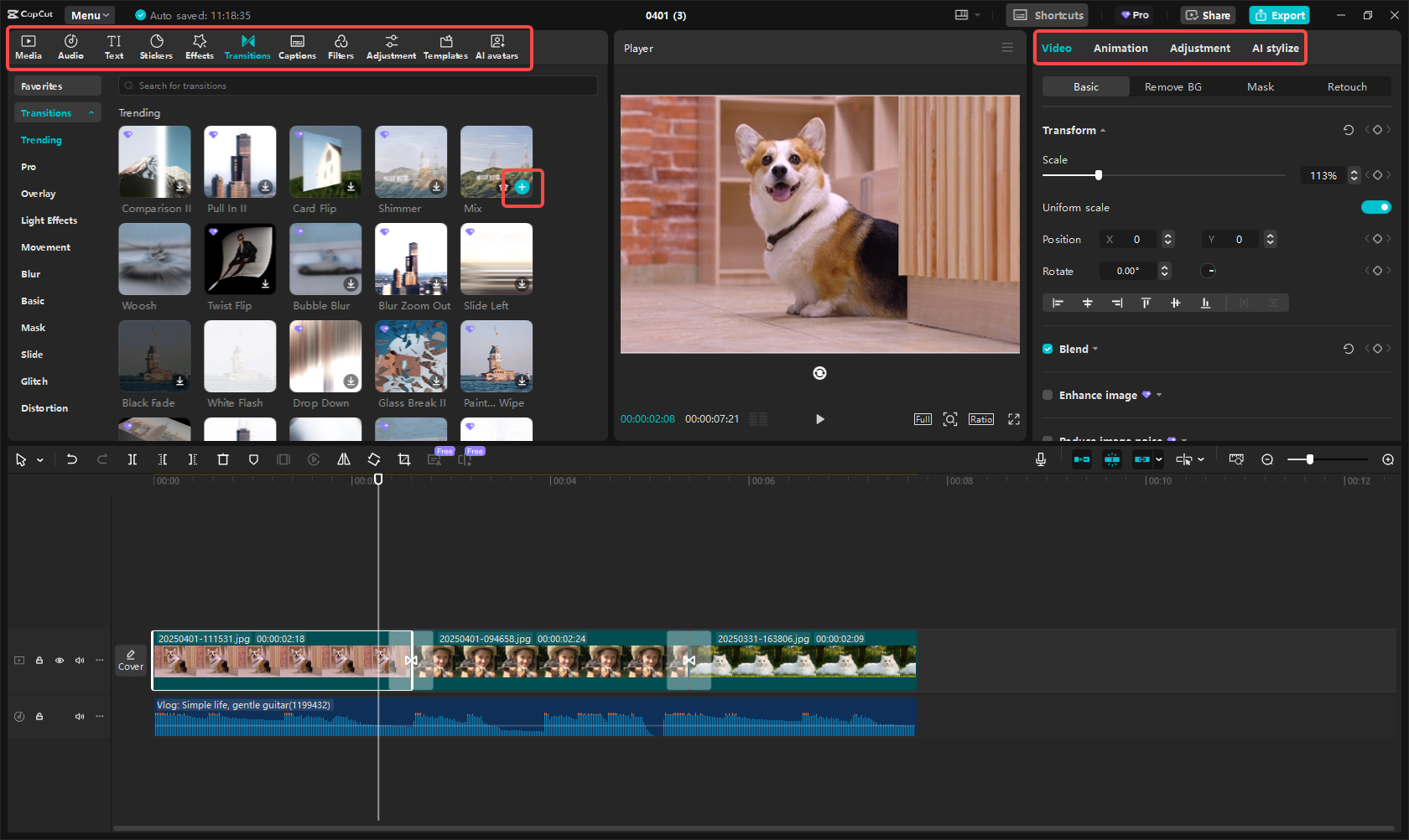 Add transitions and audio
