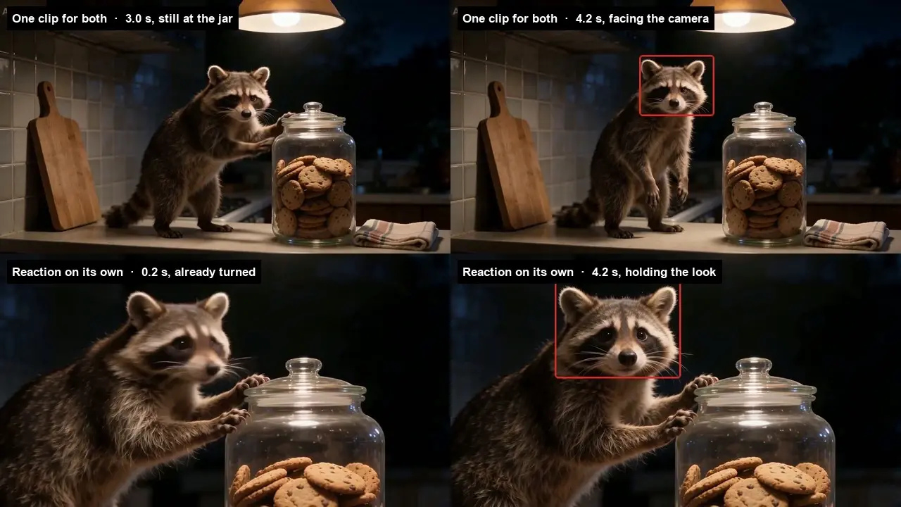 Raccoon beside a cookie jar in a dim kitchen, looking at the jar and then toward the camera.