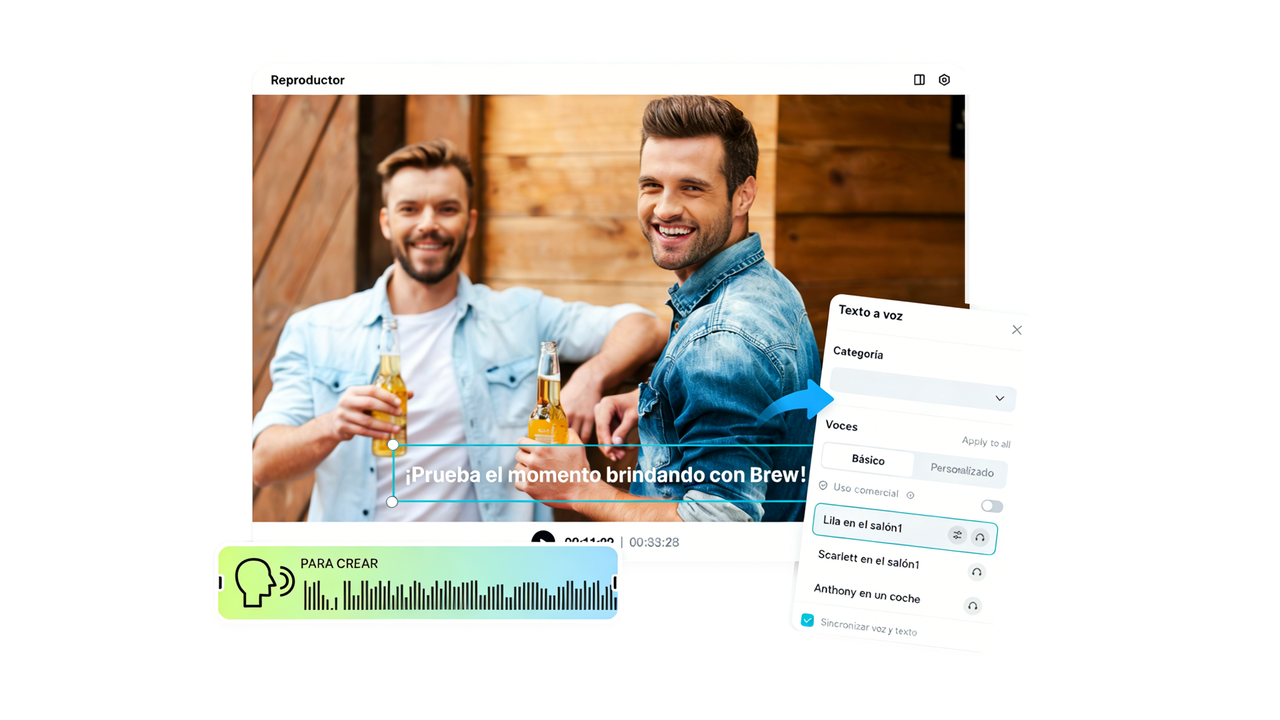 Interfaz de Pippit mostrando opciones para convertir texto a voz con IA