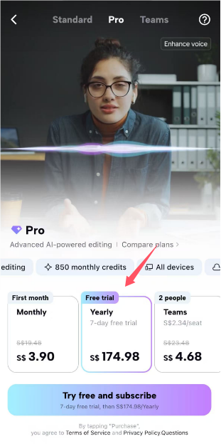Join the CapCut Pro free trial on the mobile app
