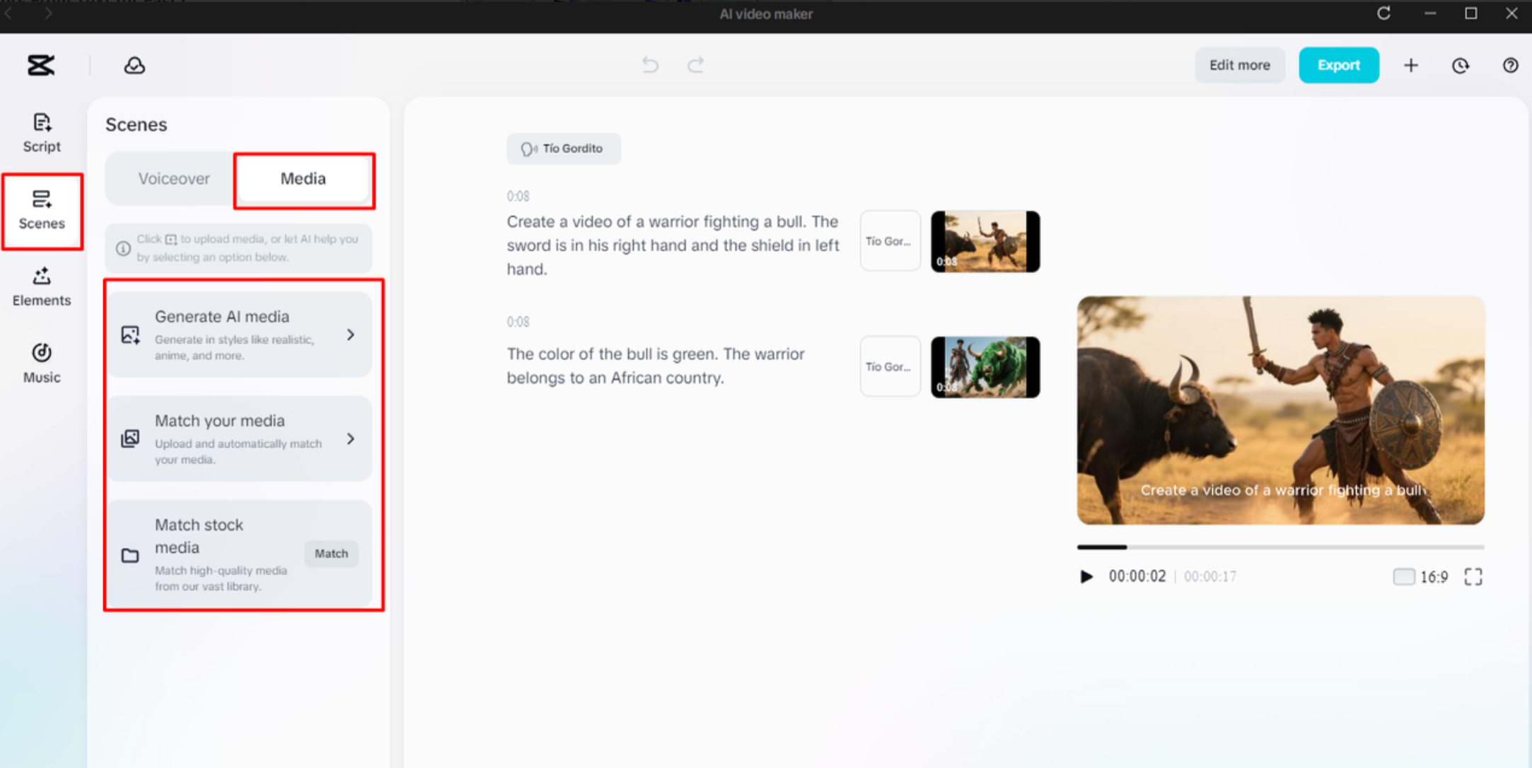 Replacing the media in CapCut's AI video maker