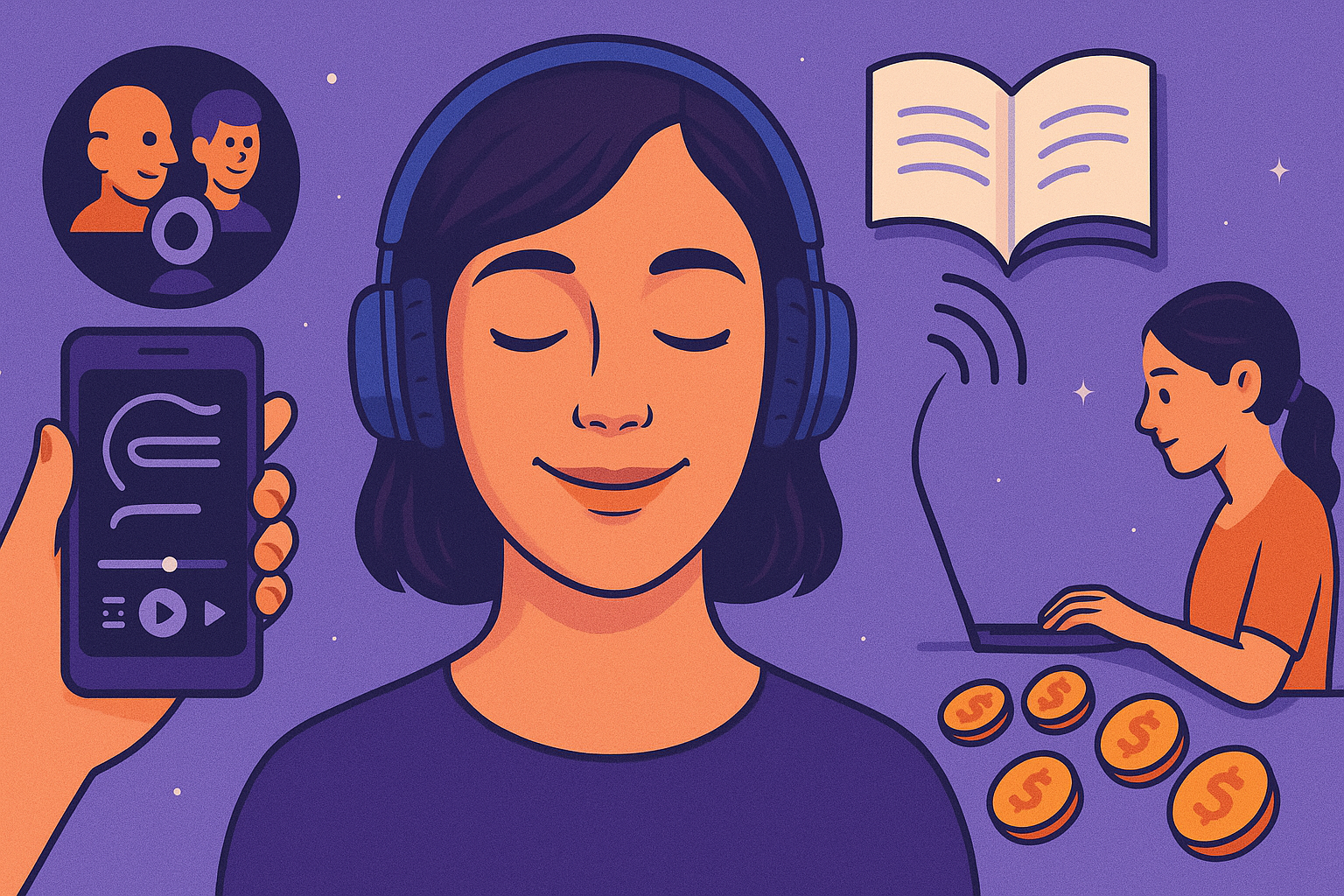 Futuristic AI audiobook narration concept