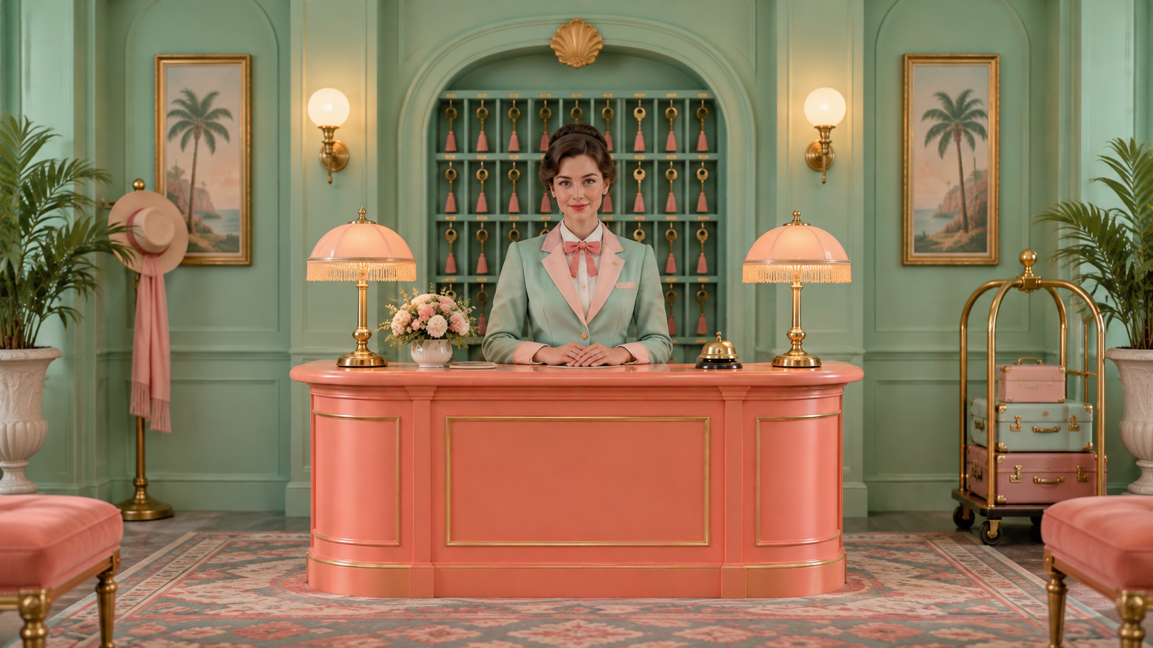 Wes Anderson AI poster prompts: Pastel Hotel Bell Desk