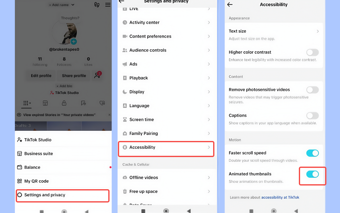 Ativar miniaturas animadas no aplicativo TikTok