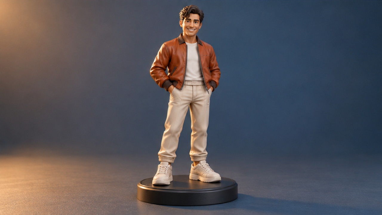 Premium 3D rendered 16:9 STILL keyframe featuring an original premium collectible action figure with adult-inspired facial features, a rust-orange bomber jacket, cream trousers, and sculpted sneakers, standing on a simple round charcoal display base, in a sophisticated slate-blue studio with warm side lighting. Keep whole figure and complete display base fully inside the composition. Detailed materials, coherent anatomy, balanced cinematic lighting, clean background separation. One coherent scene, no text, logos, watermark.