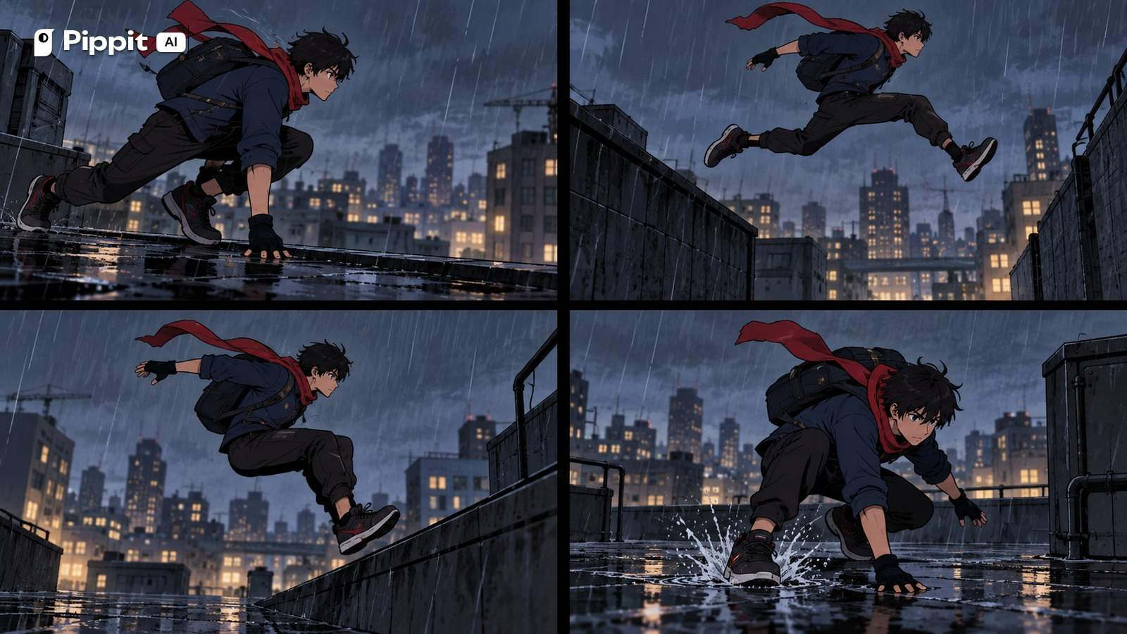 Four sequential frames show an original courier taking off, crossing a gap, and landing on a rainy roof.