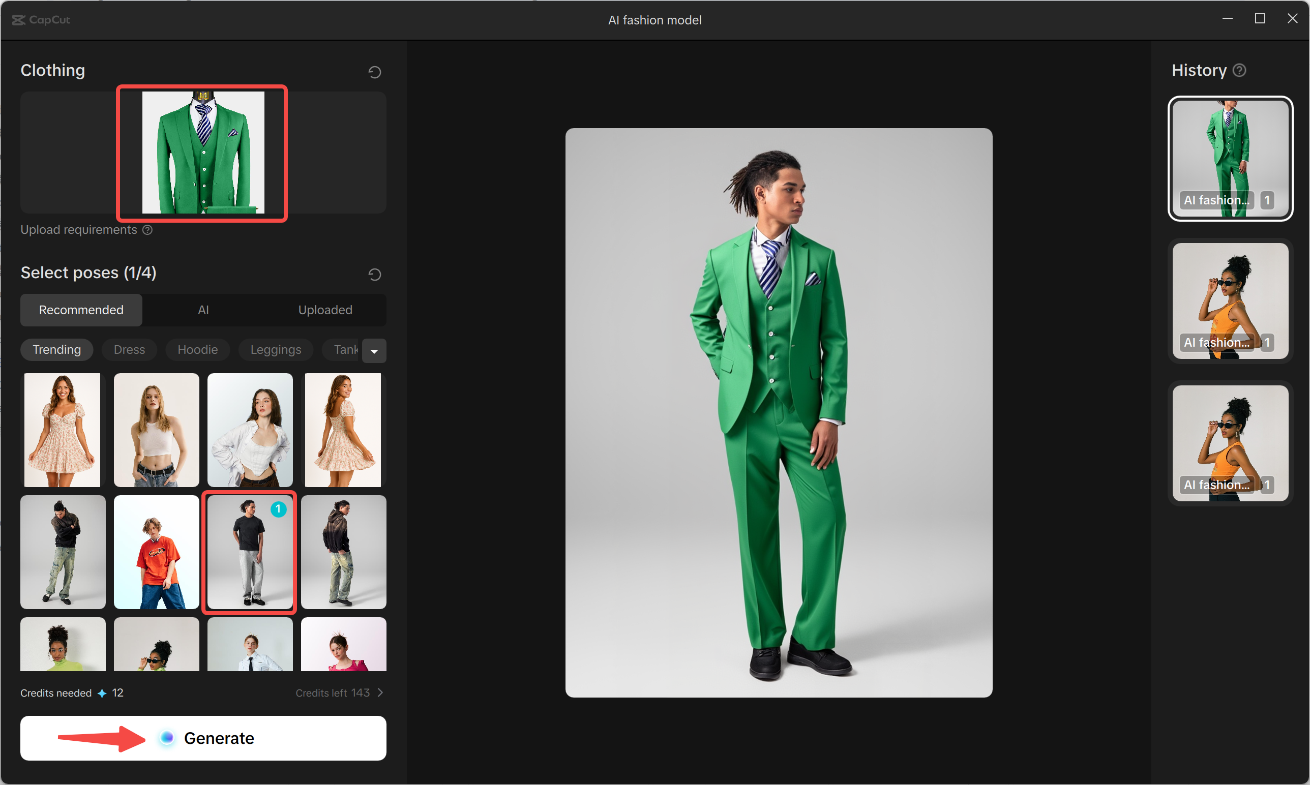 Výběr oblečení a póz pro model v editoru CapCut pro stolní video