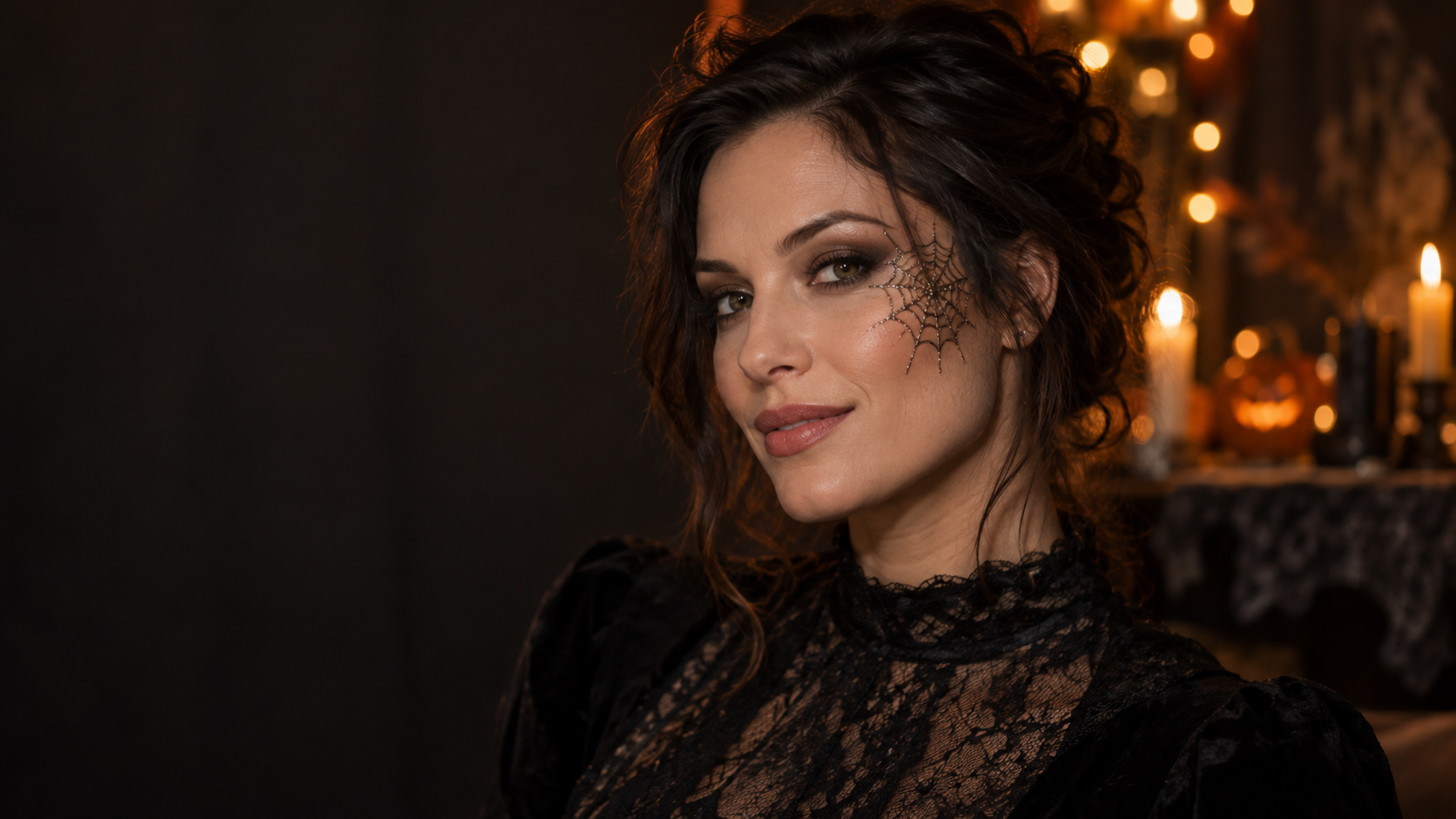 Festival Web Detail: Eine fiktive erwachsene Frau mit einem subtilen metallischen Spinnennetzmuster auf einem Wangenknochen, rauchig-taupefarbenem Augen-Make-up und warmen Lichtern für Halloween-Partys.