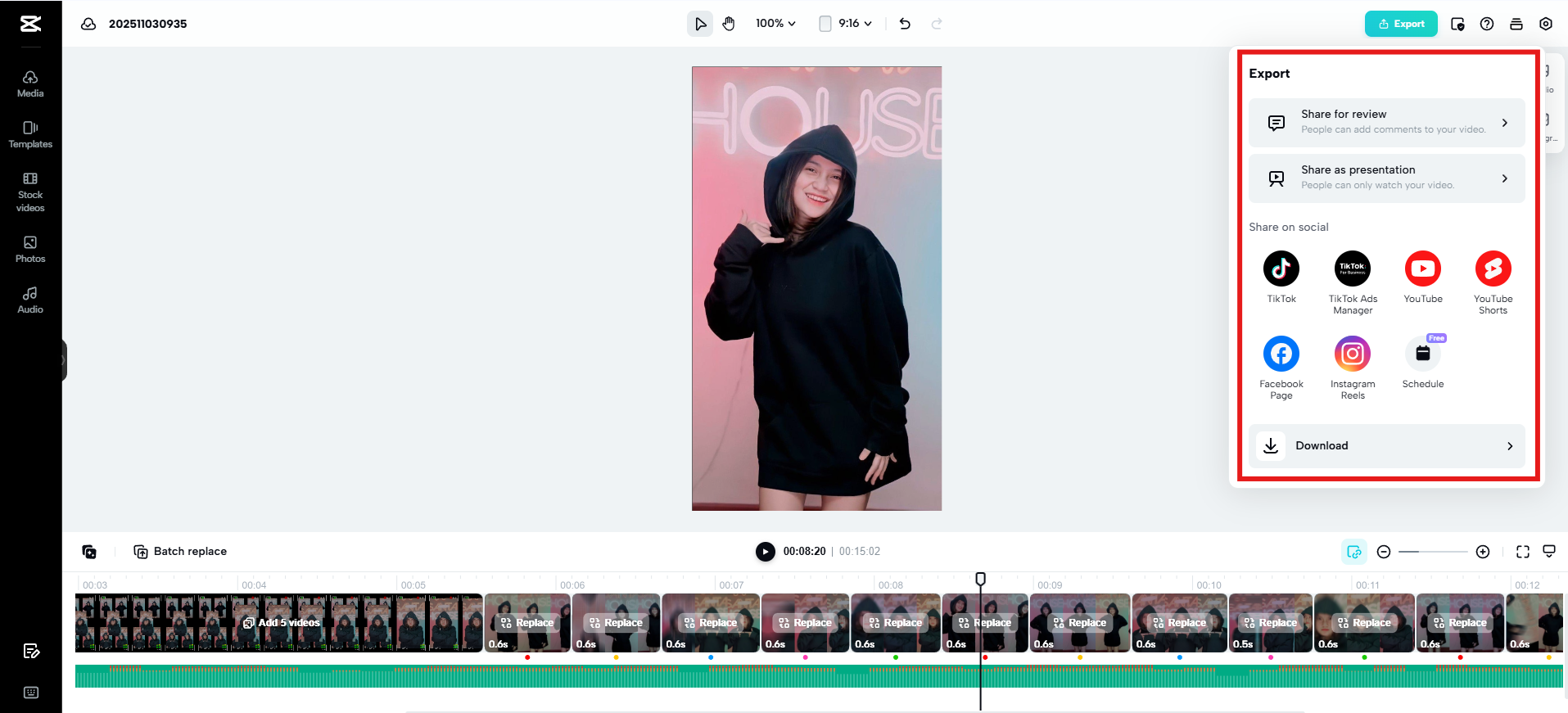 Export and share the video