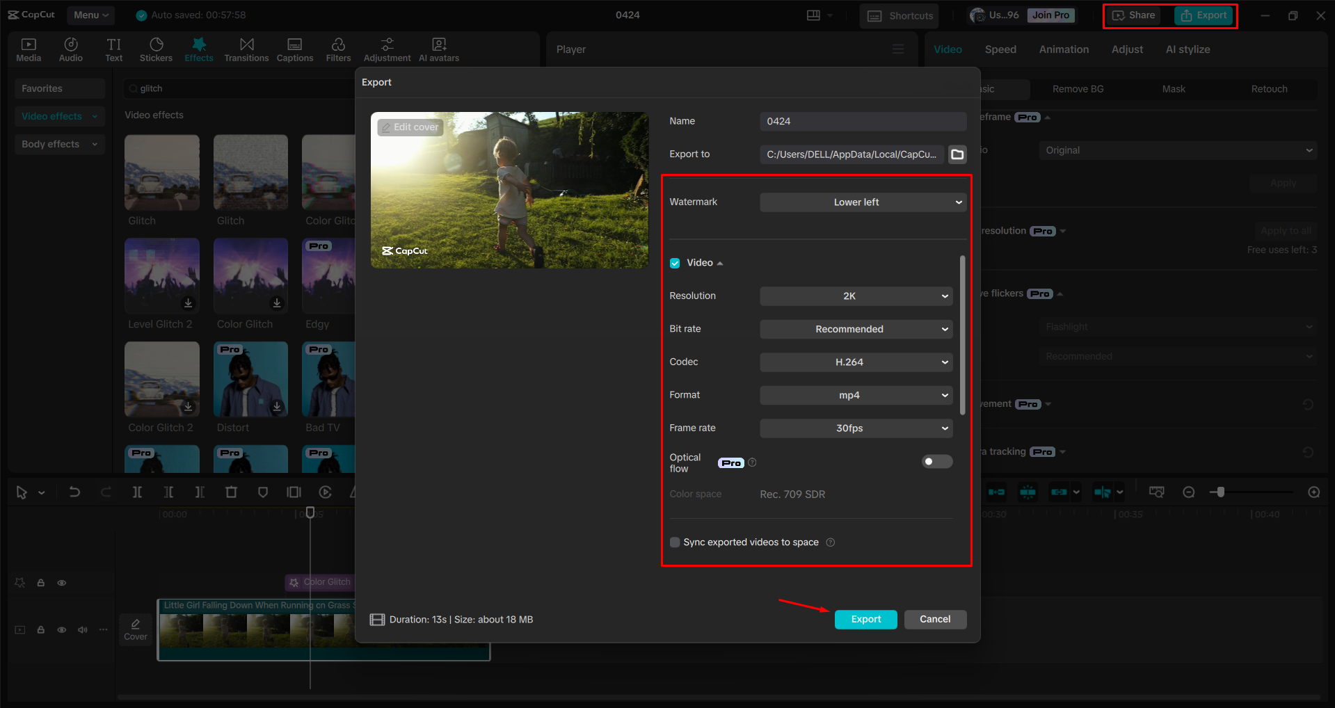 Экспорт видео из настольного видеоредактора CapCut