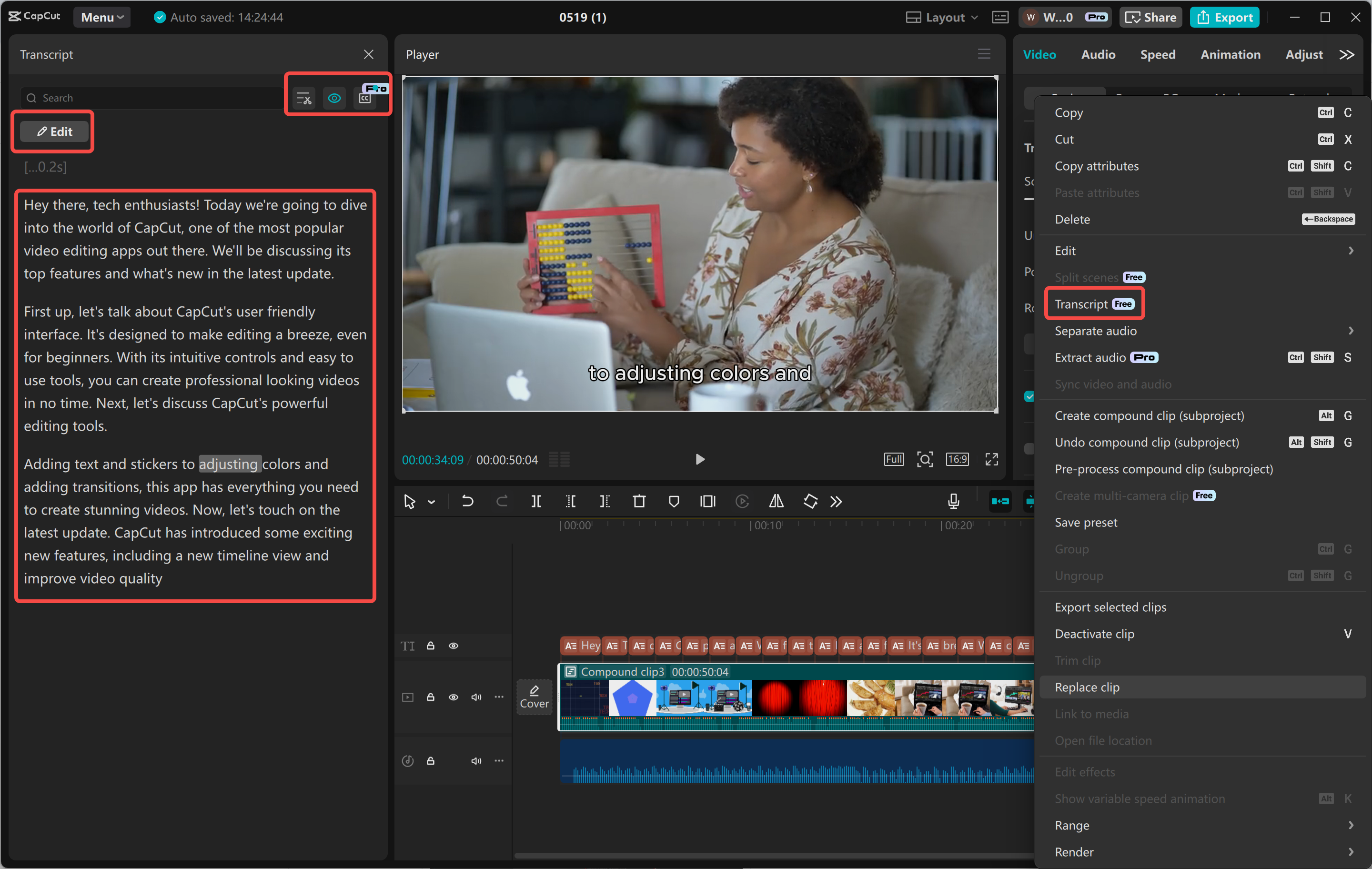 Transcribing a videe in the CapCut desktop video editor