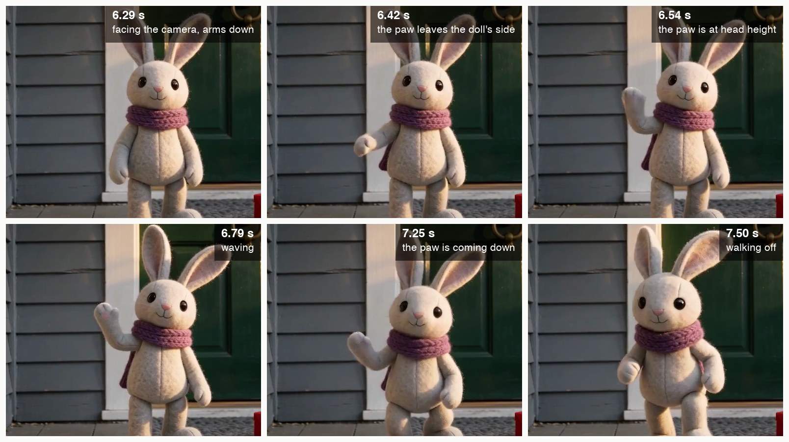 Six close-ups of the felt rabbit doll's upper body at 6.29, 6.42, 6.54, 6.79, 7.25 and 7.50 seconds. At 6.29 it faces the camera with its arms down; at 6.42 its paw has left its side; at 6.54 the paw is at head height; at 6.79 it is waving; at 7.25 the paw is coming down; at 7.50 the doll is walking off.