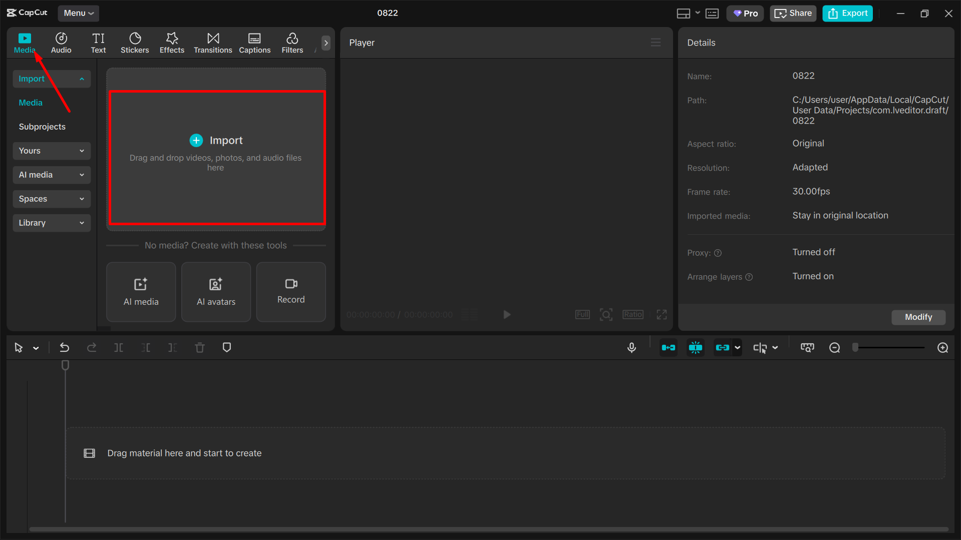 Importing the image into the CapCut desktop video editor