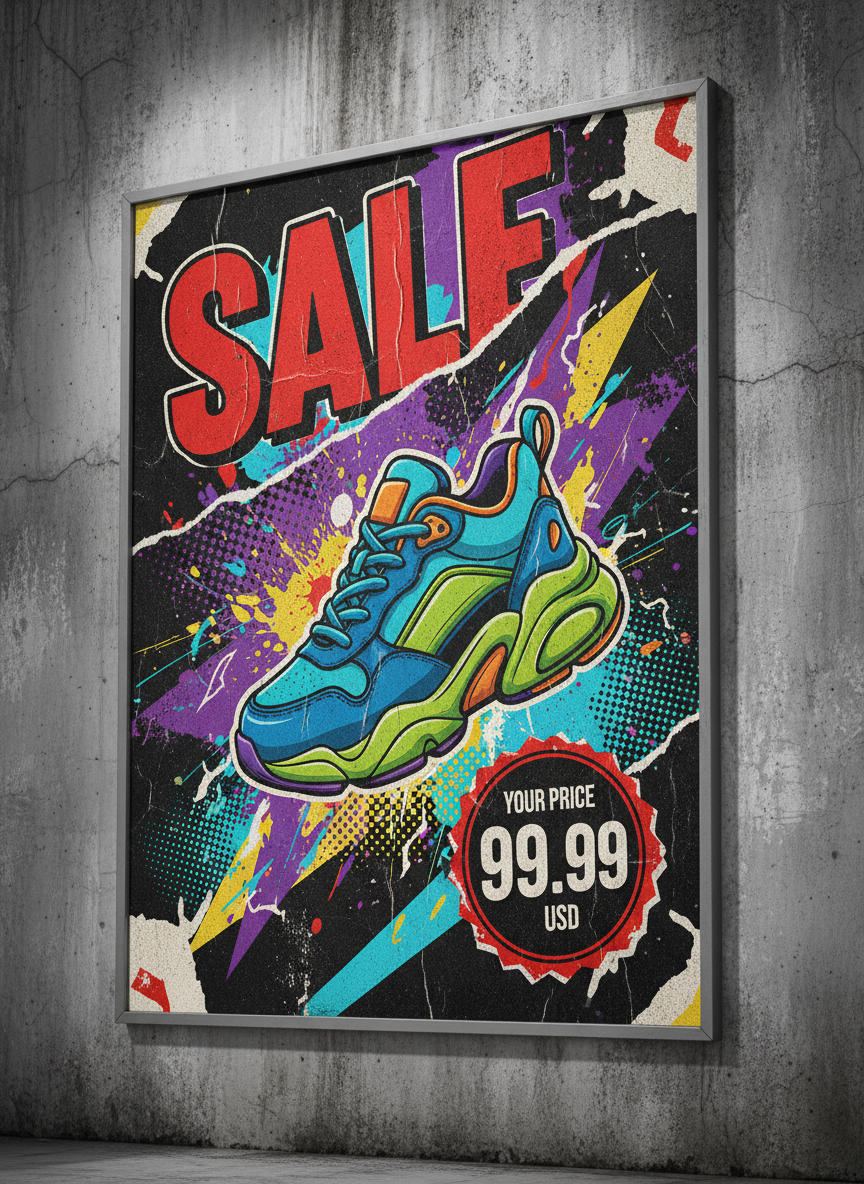 Urban street poster-style sneaker ad on a city wall mockup with bold SALE headline, price badge, grunge textures, and high-contrast typography.