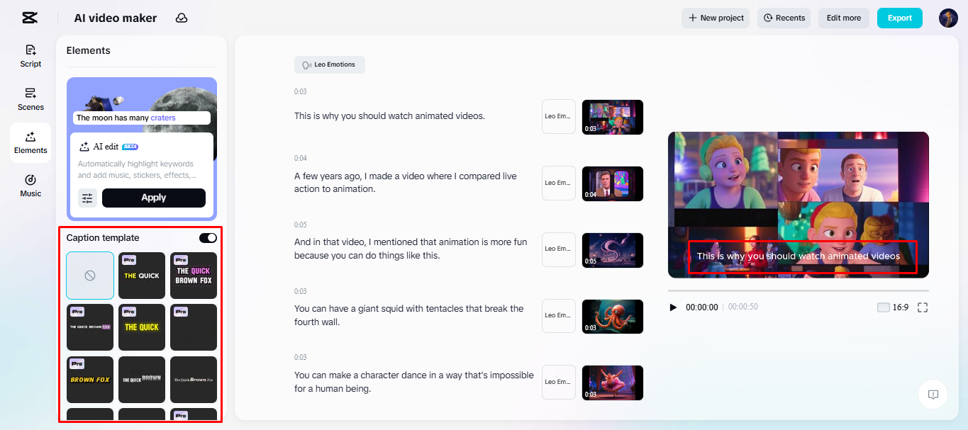 Adding subtitles to the AI video in CapCut's AI video maker