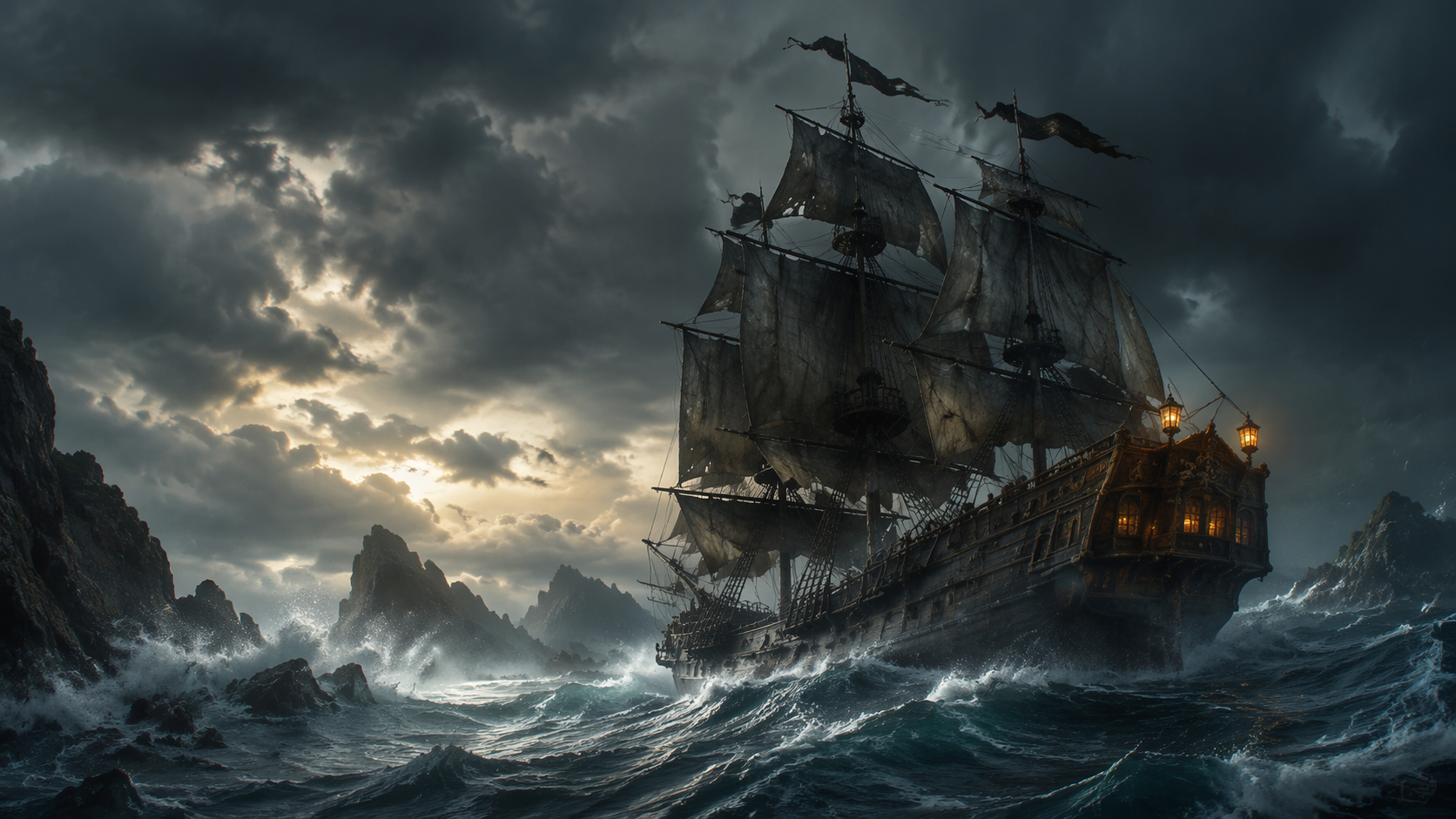 Dreamina Pirates of the Caribbean Prompts prompt example 1: Stormy Pirate Ship Silhouette