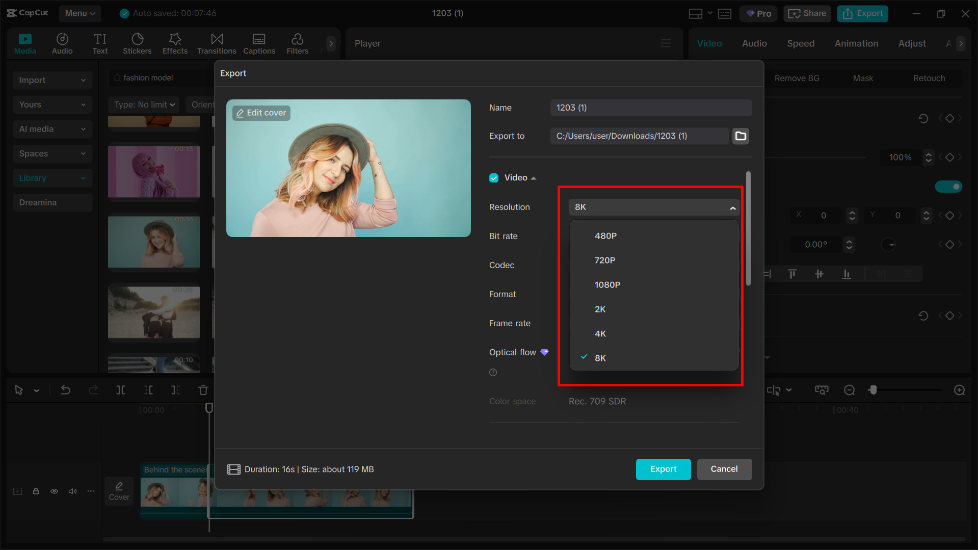 Resolution adjustment in CapCut for high-quality video