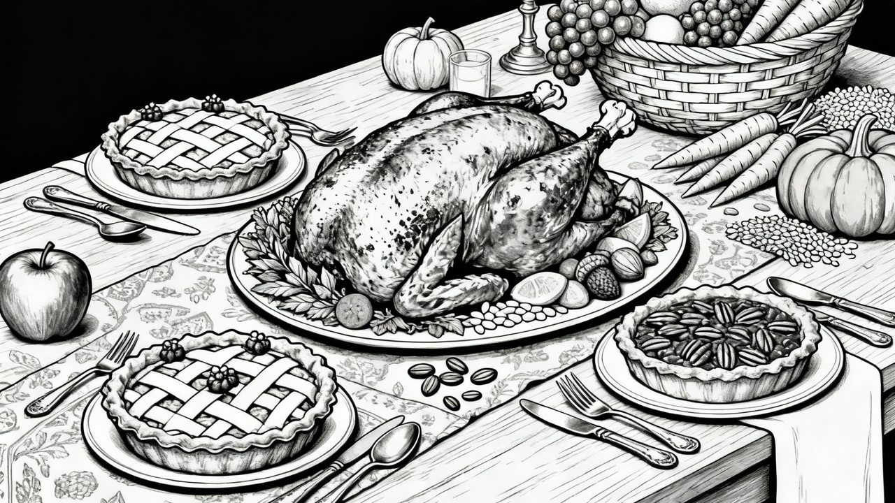 Thanksgiving feast-inspired coloring page