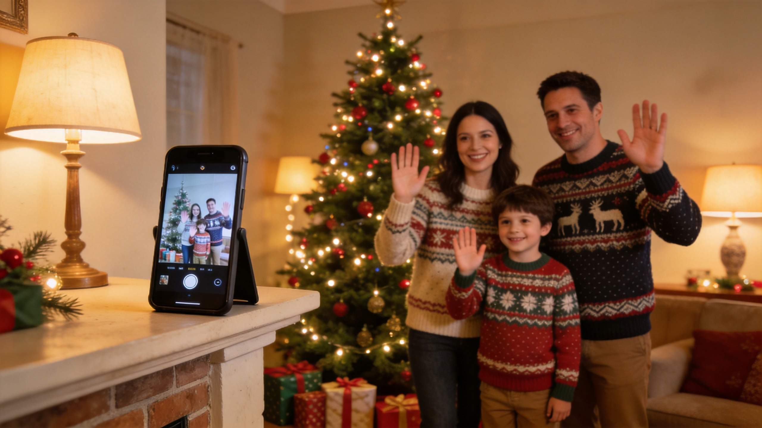 Family waves beside a Christmas tree while a phone on a mantel records them