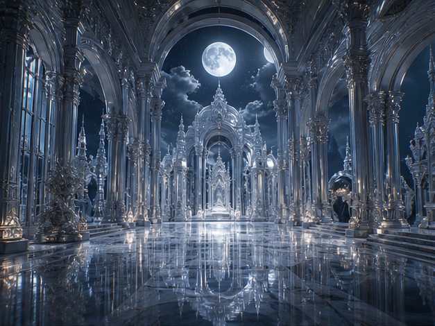 AI Silver Palace-Inspired Character Generator ejemplo rápido 2 - Salón del palacio Moonlit