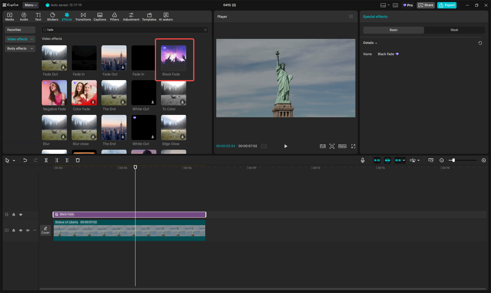 Black fade effect for travel vlogs