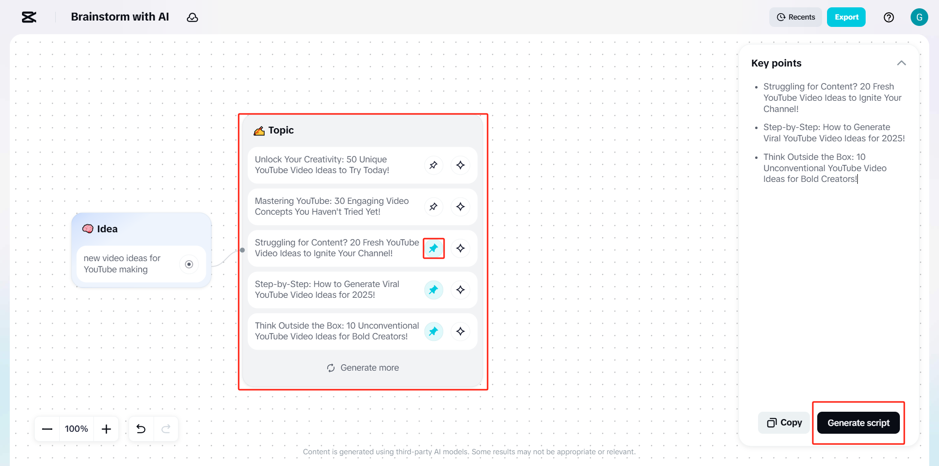 Pick ideas & generate scripts