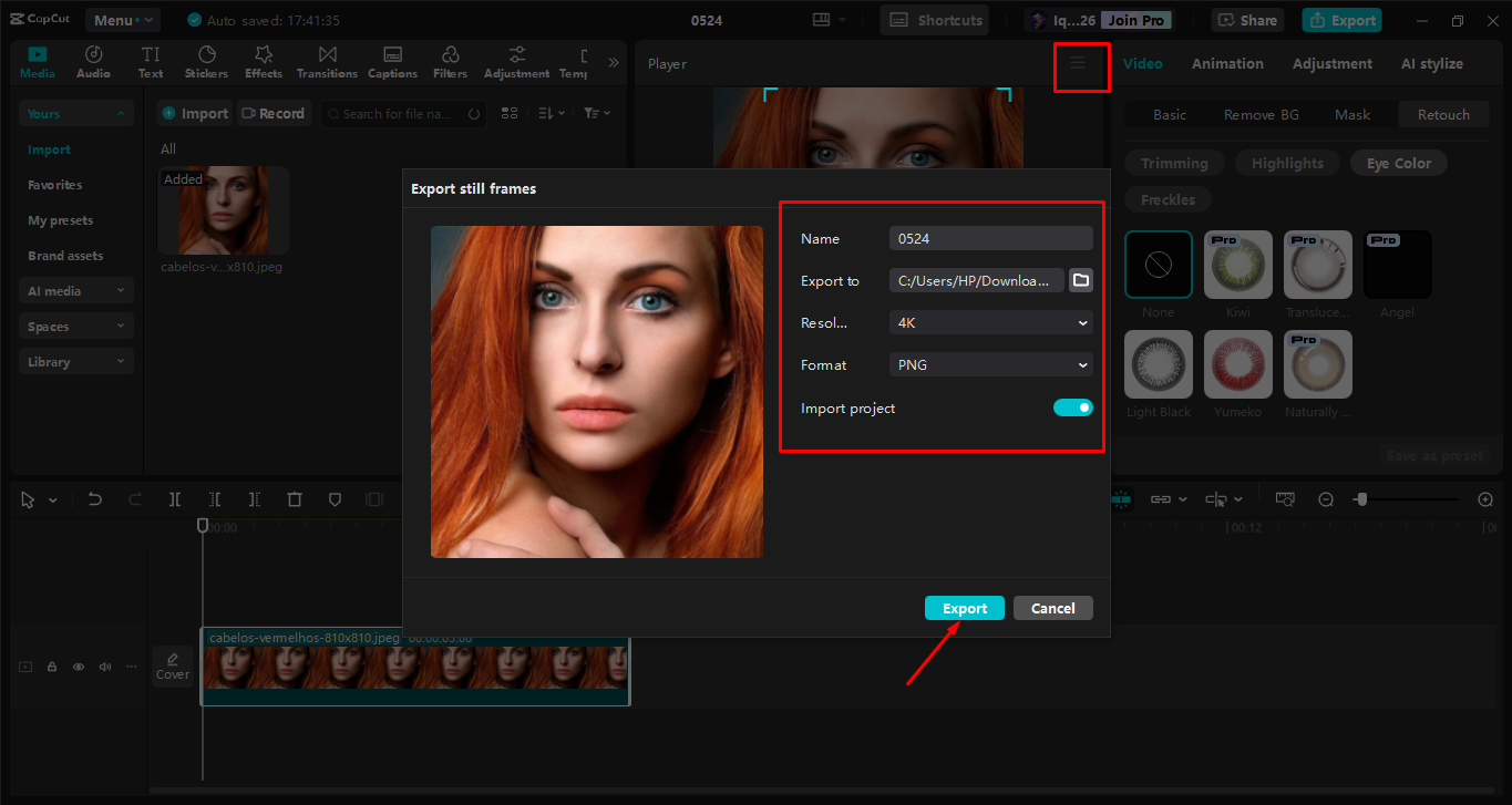 Exporting the image from the CapCut desktop video editor