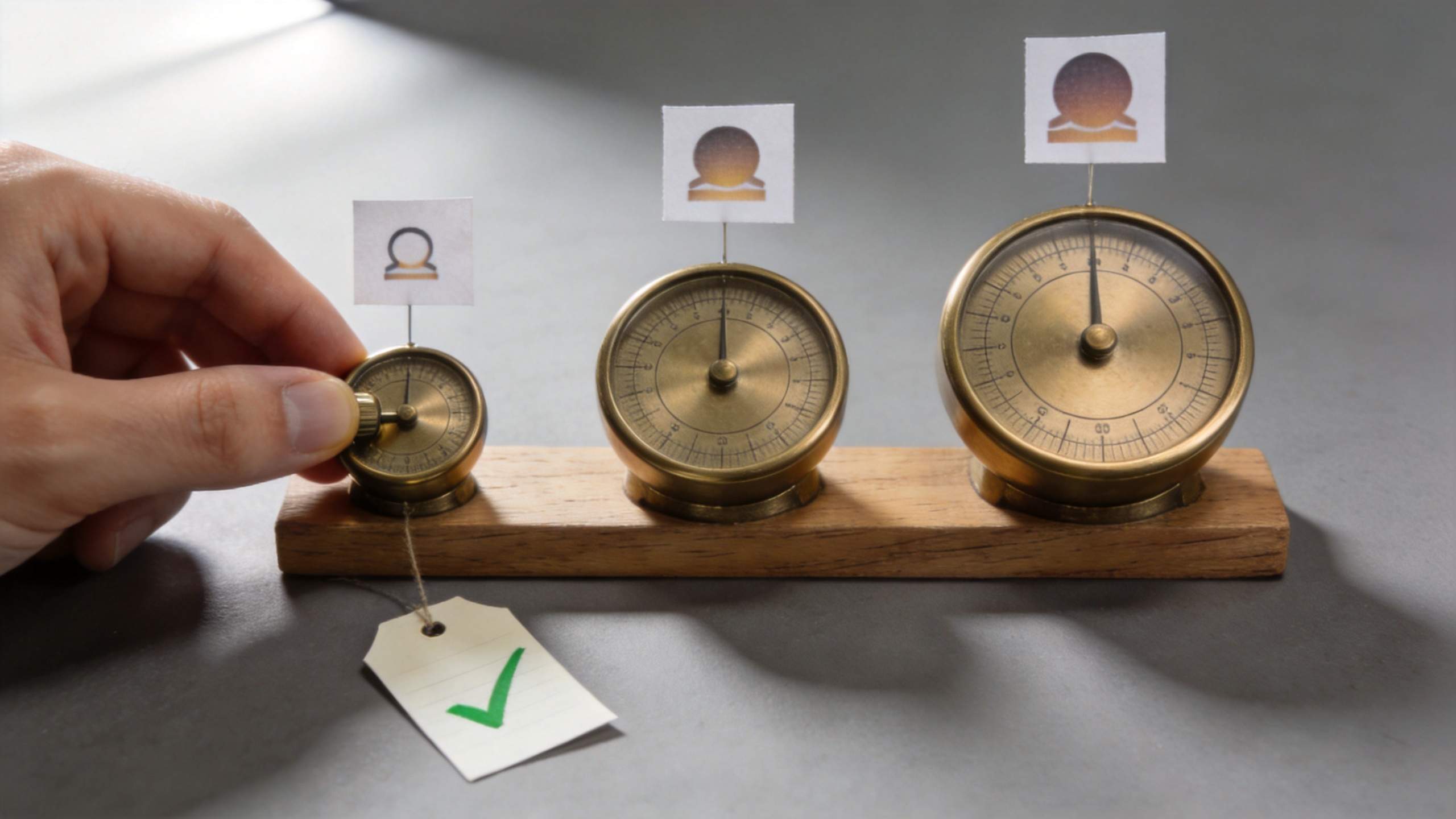 Hand adjusts a small gauge beside larger gauges on a wooden base, comparing sizes.
