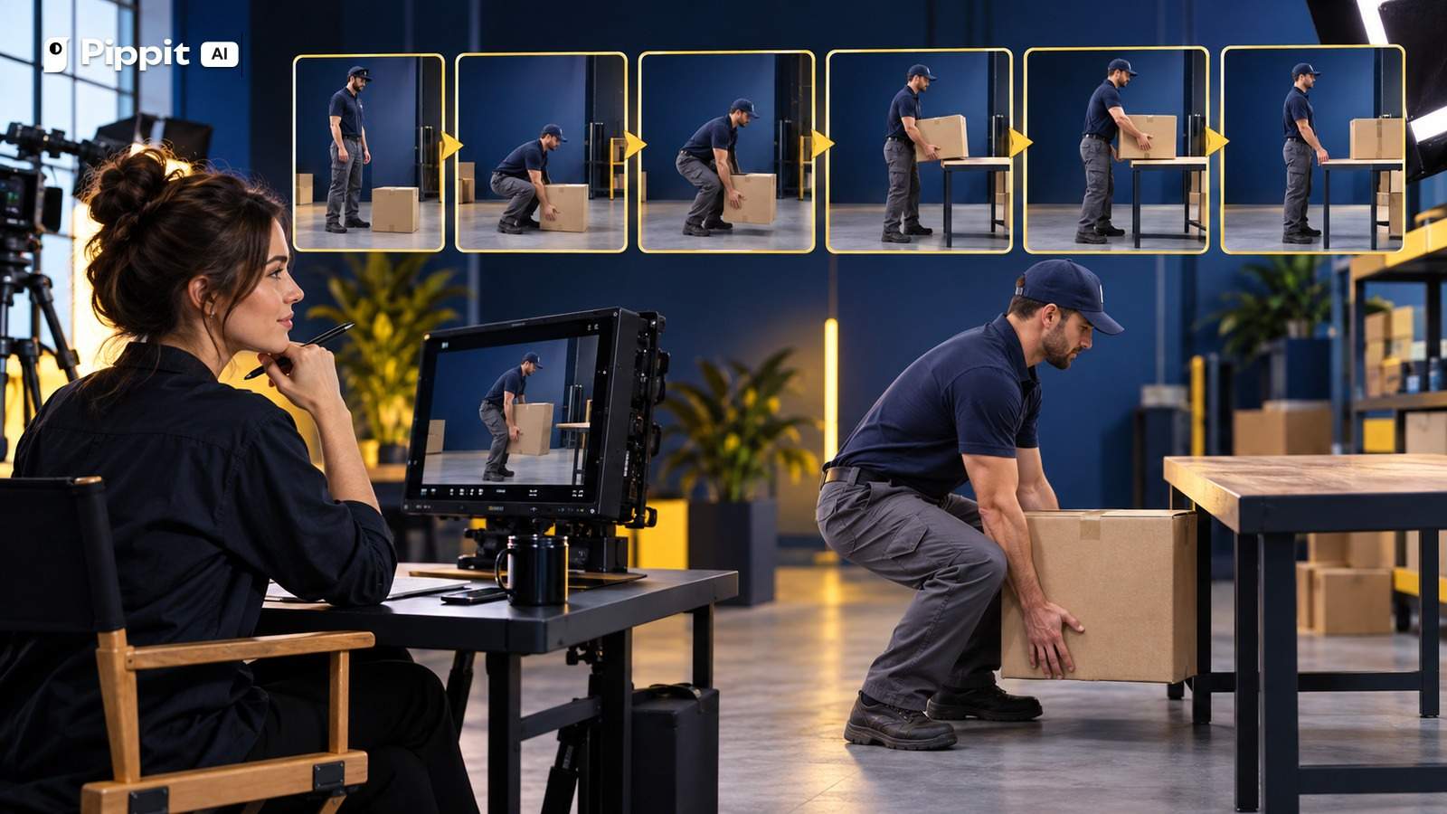 A video creator reviews an adult worker lifting a box through a clear sequence of physical states.