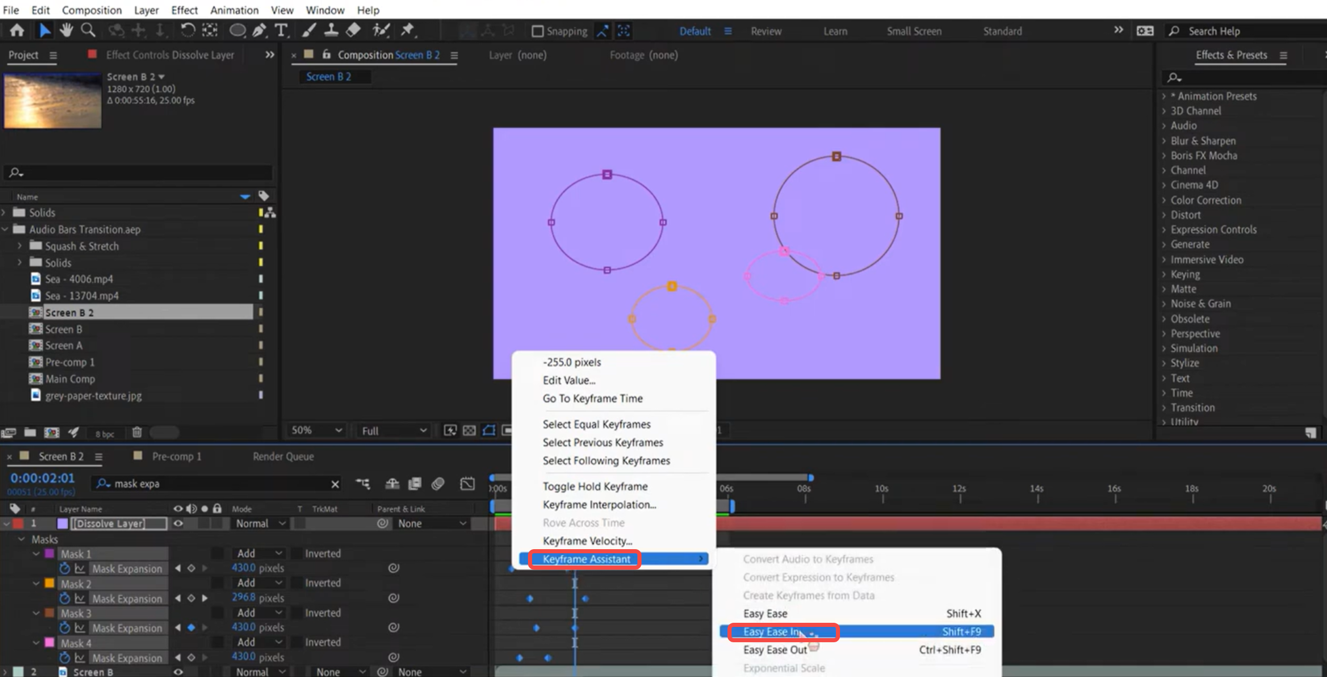 Showing how to add a dissolve in After Effects using a mask tool