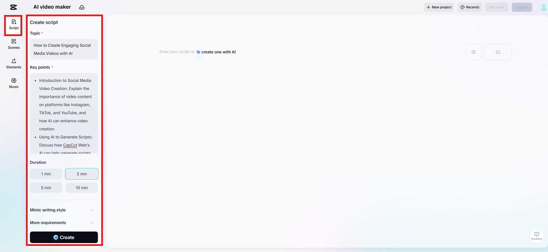 Upload text or create with AI