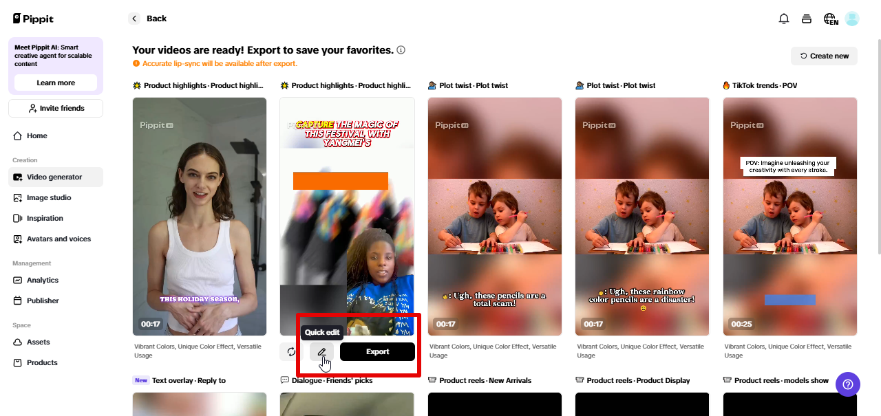 Exporting video from Pippit