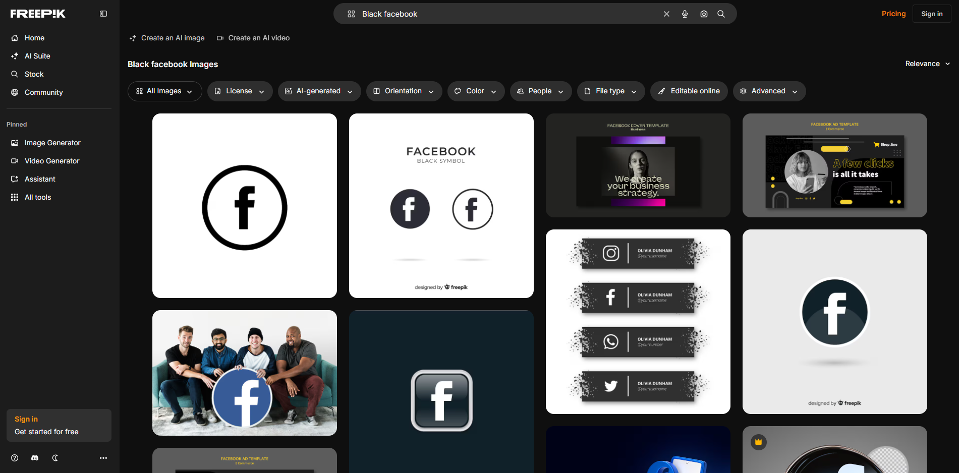 Interface of Freepik - a site to find and edit black images for Facebook profile