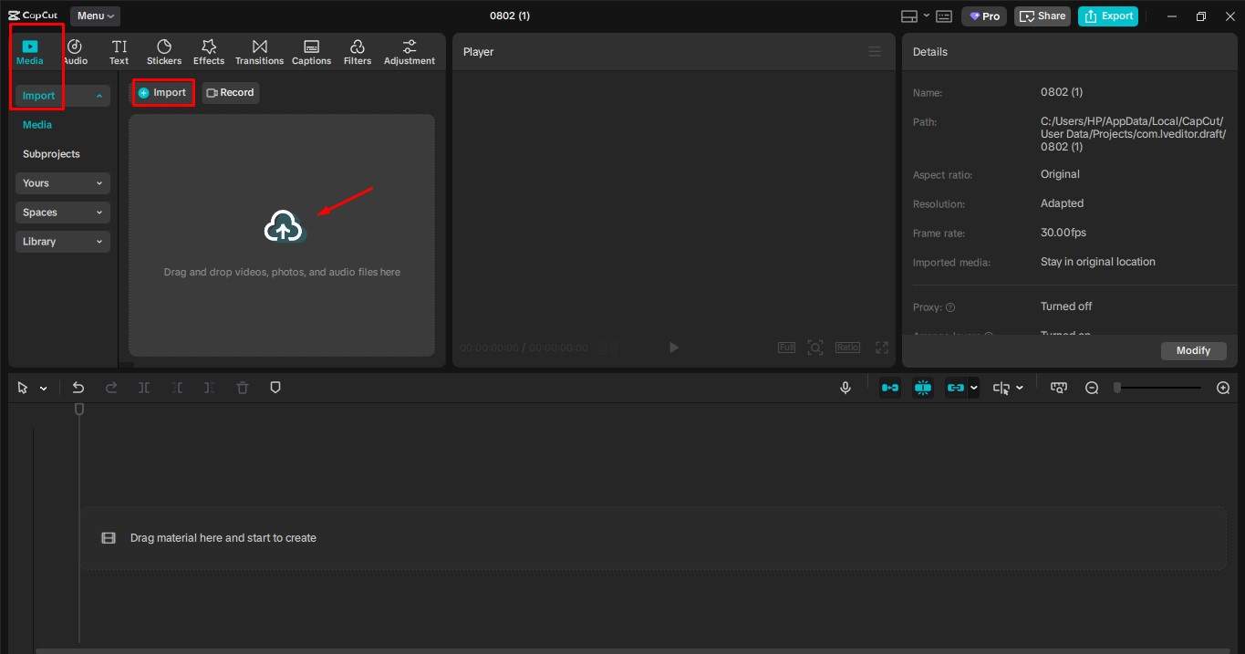 Uploading video to the CapCut desktop video editor