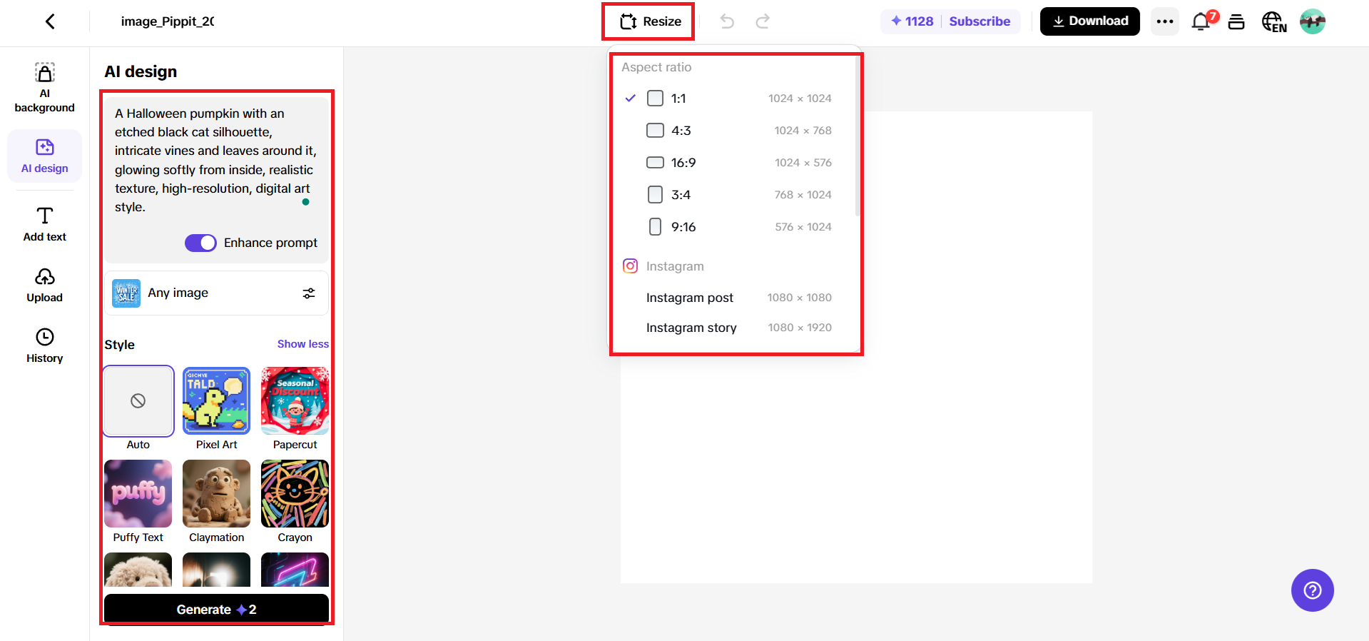 Enter prompt, set aspect ratio, and hit generate
