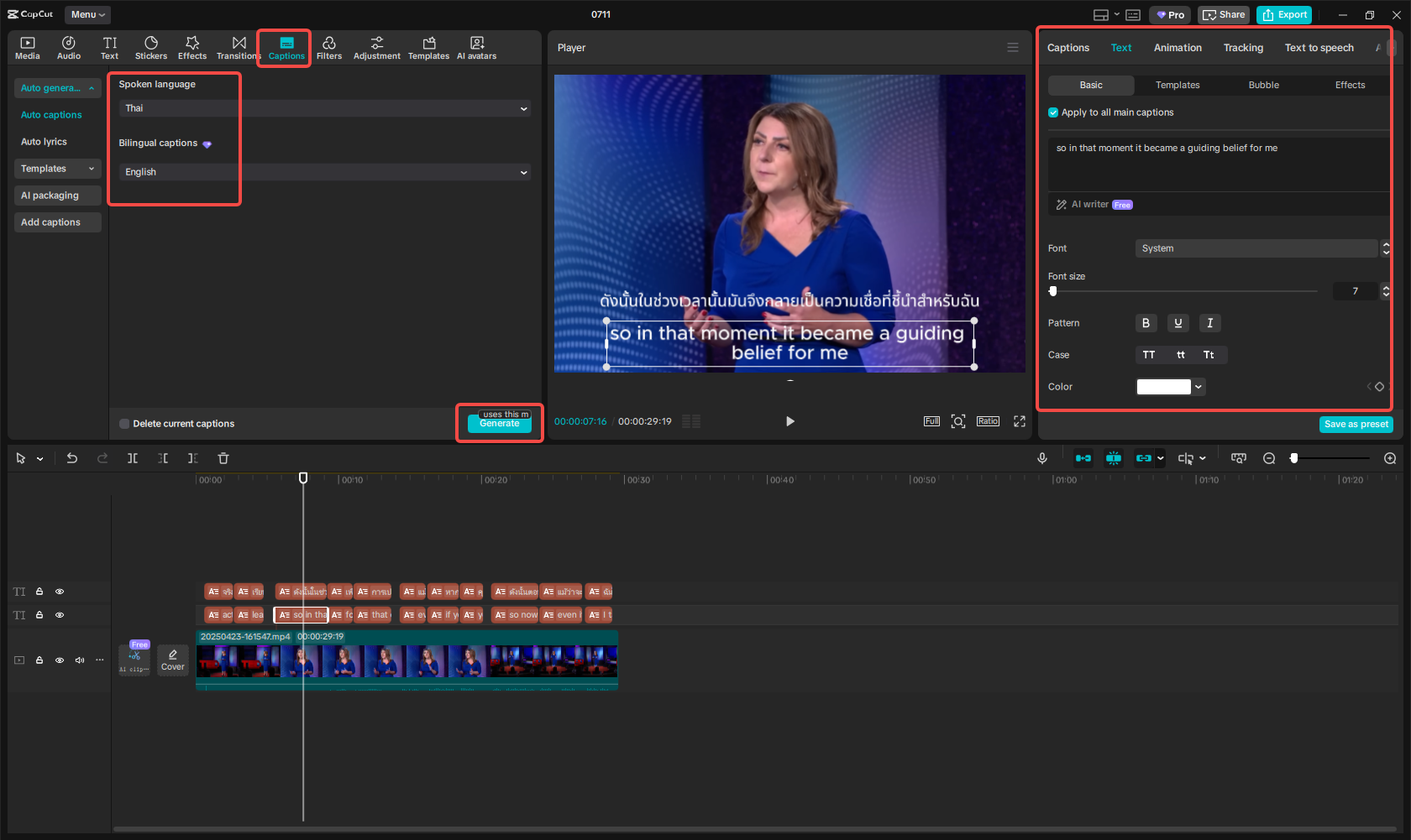 Translate a Thai video to English using CapCut
