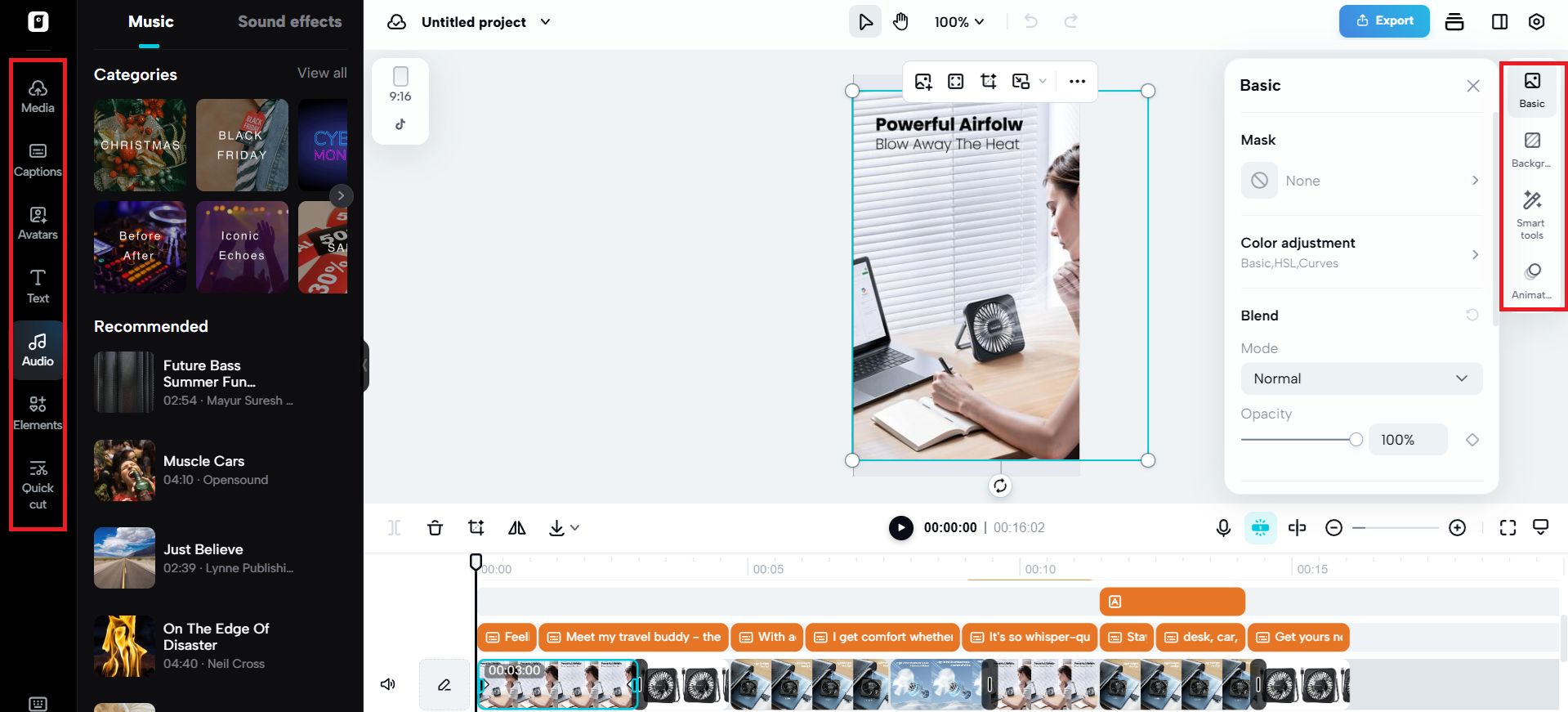 Editing options on either side of canvas