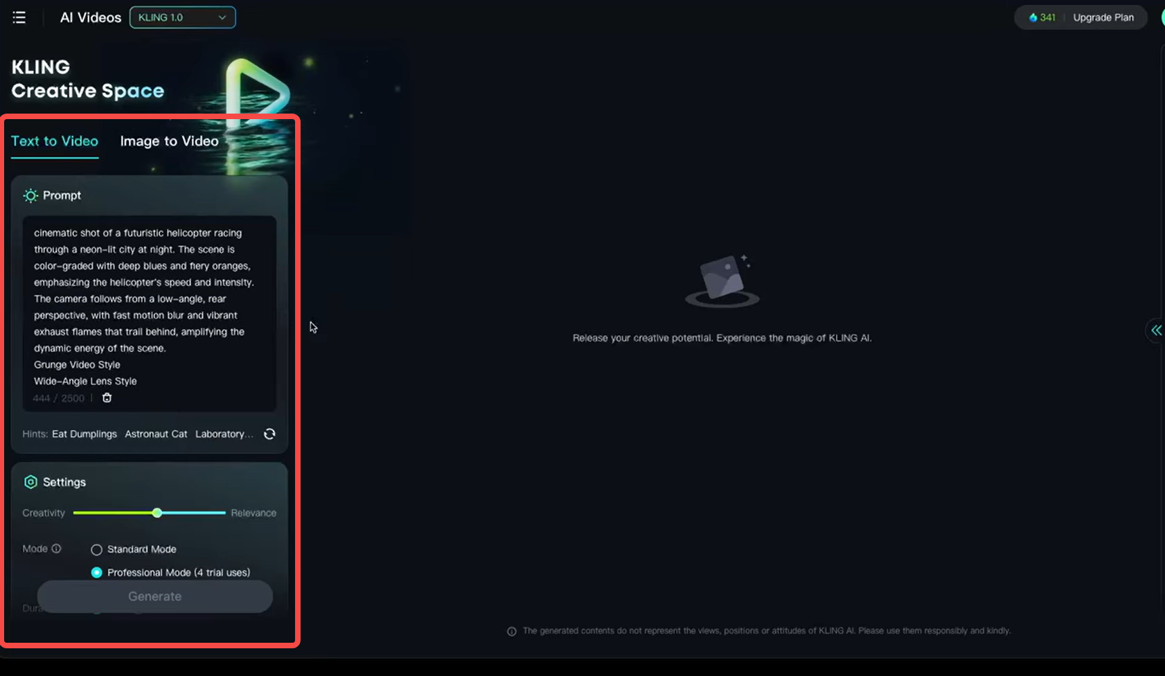 Inserimento di uno script nel video di Kling AI
