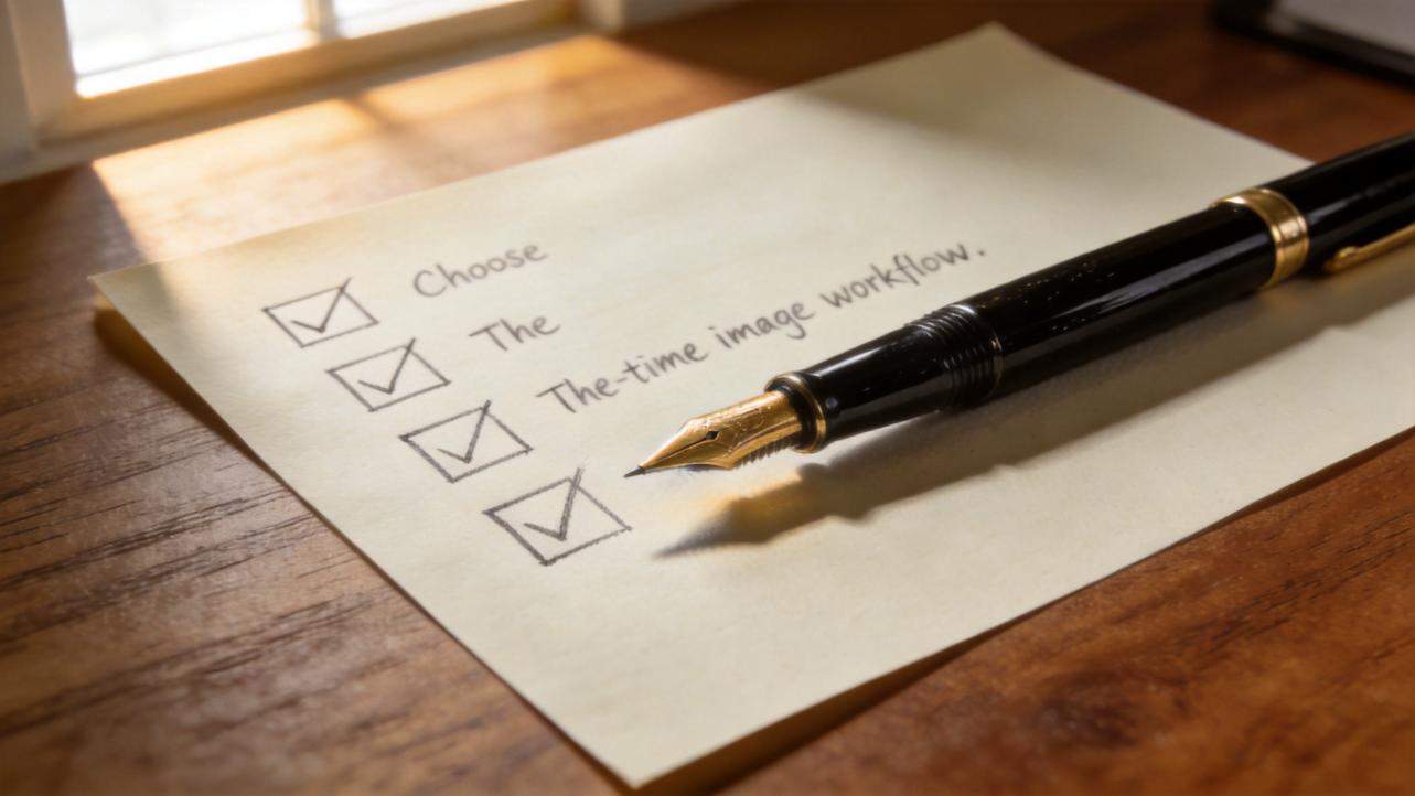 Checklist on paper with a fountain pen and handwritten text about choosing a real-time image workflow.