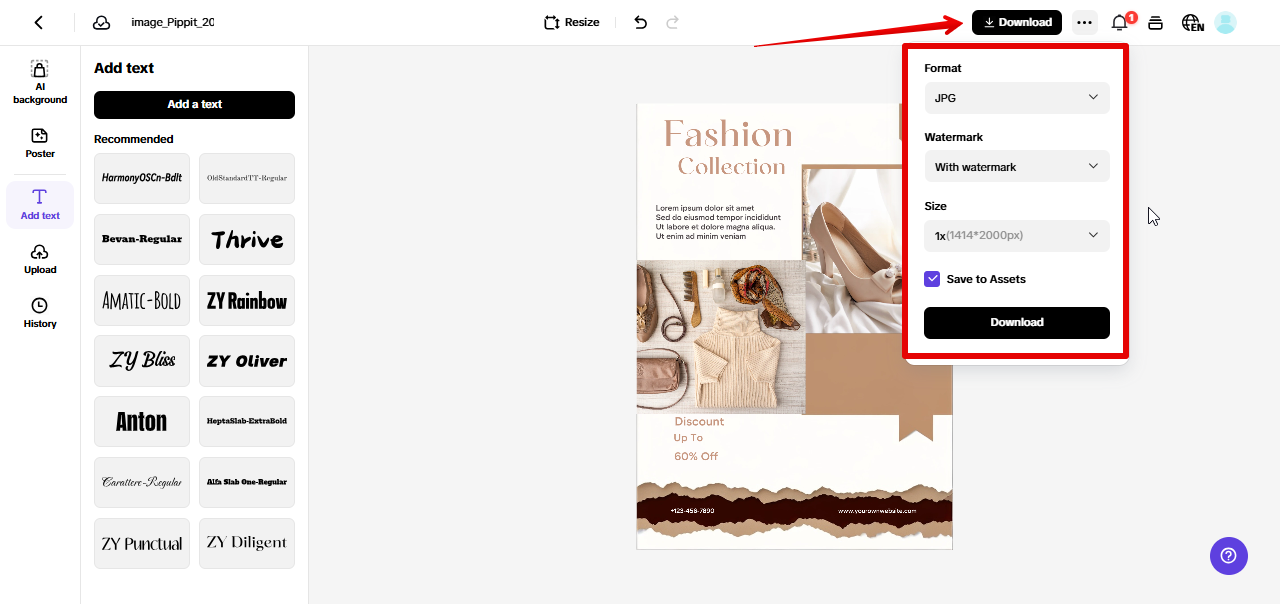 Exporting sales posters from Pippit