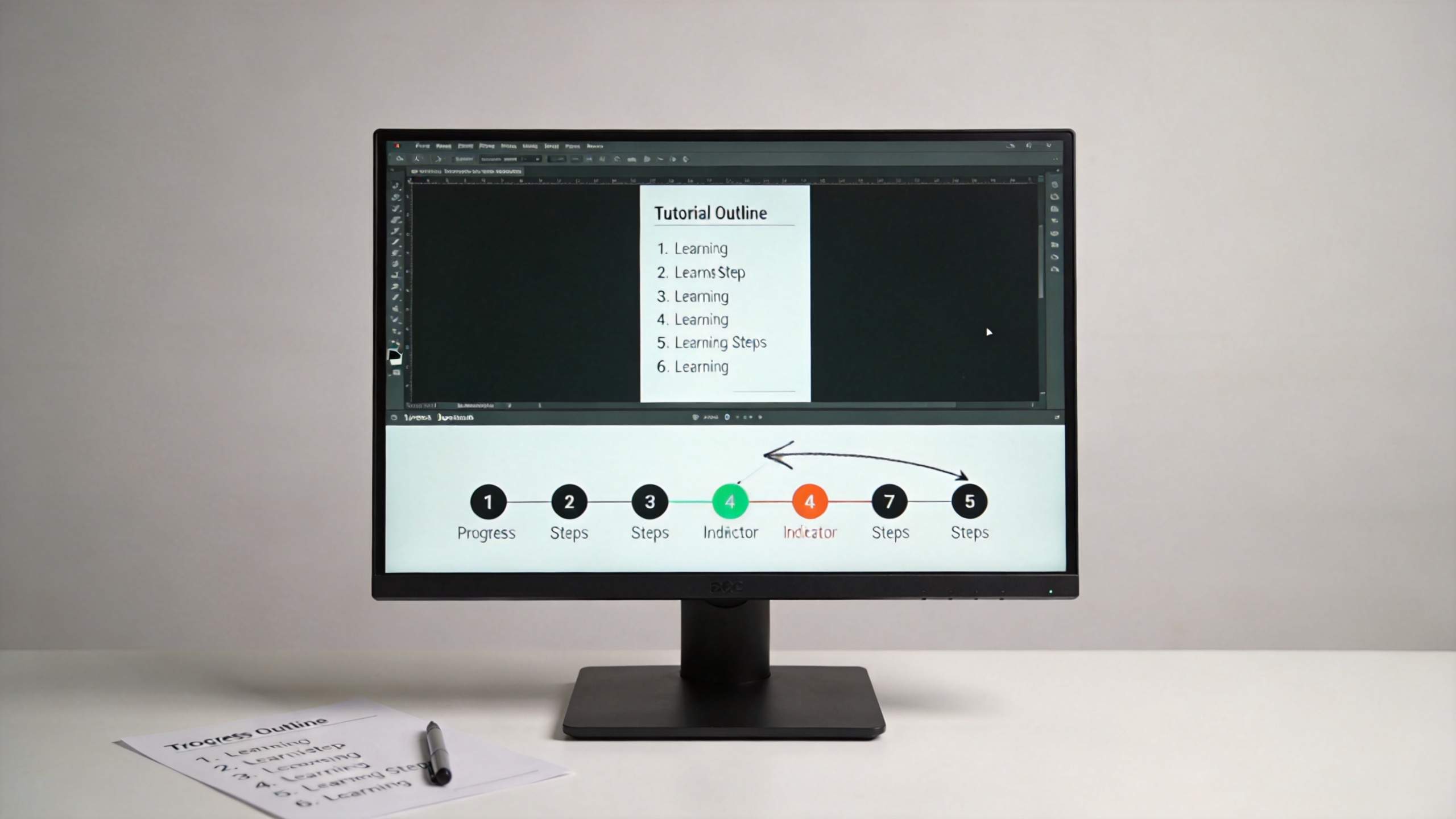 Monitor showing a tutorial outline and a step progress bar with numbered circles and arrows